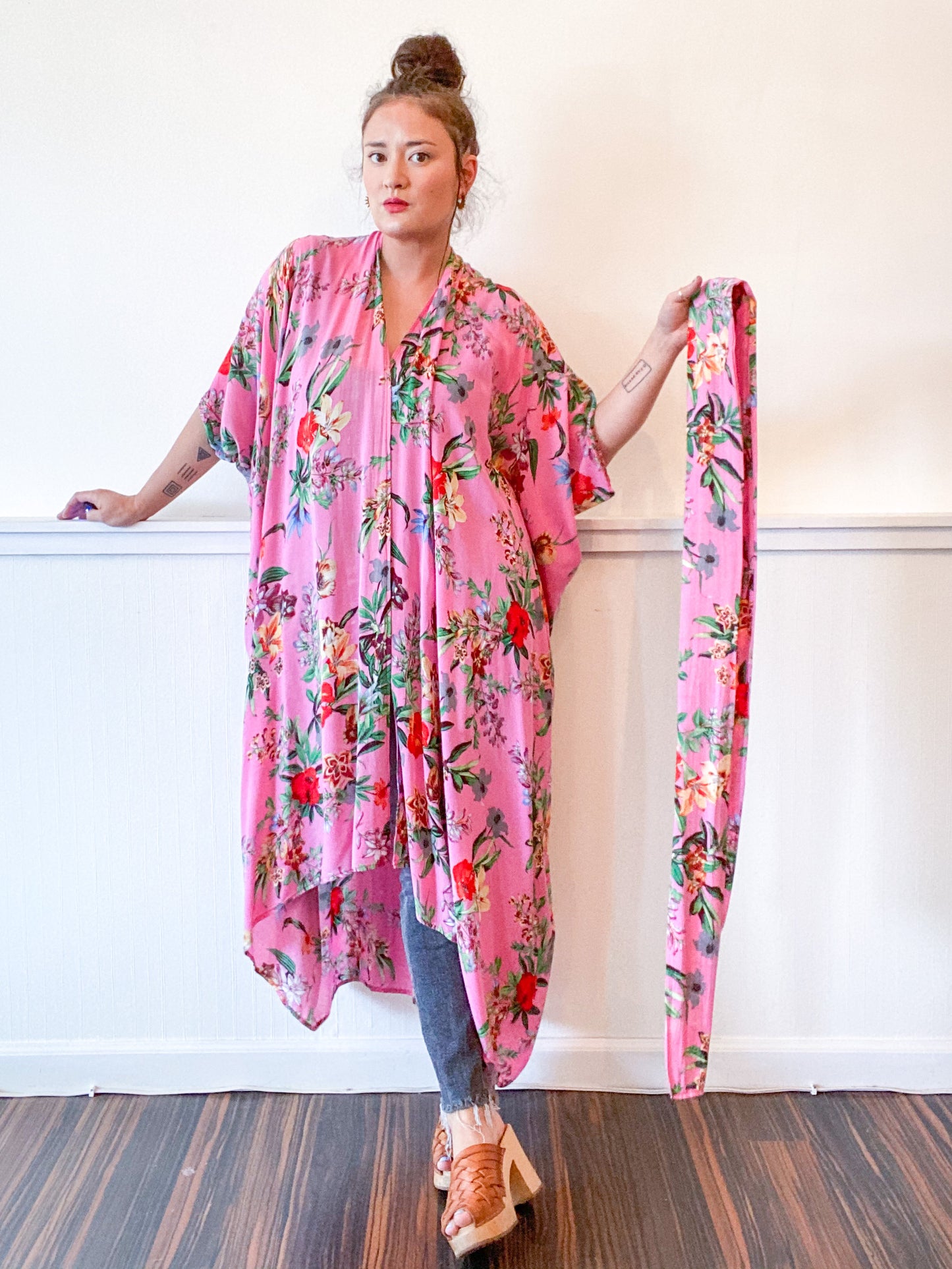 Print High Low Kimono Baby Coral Tropical Floral Rayon Challis