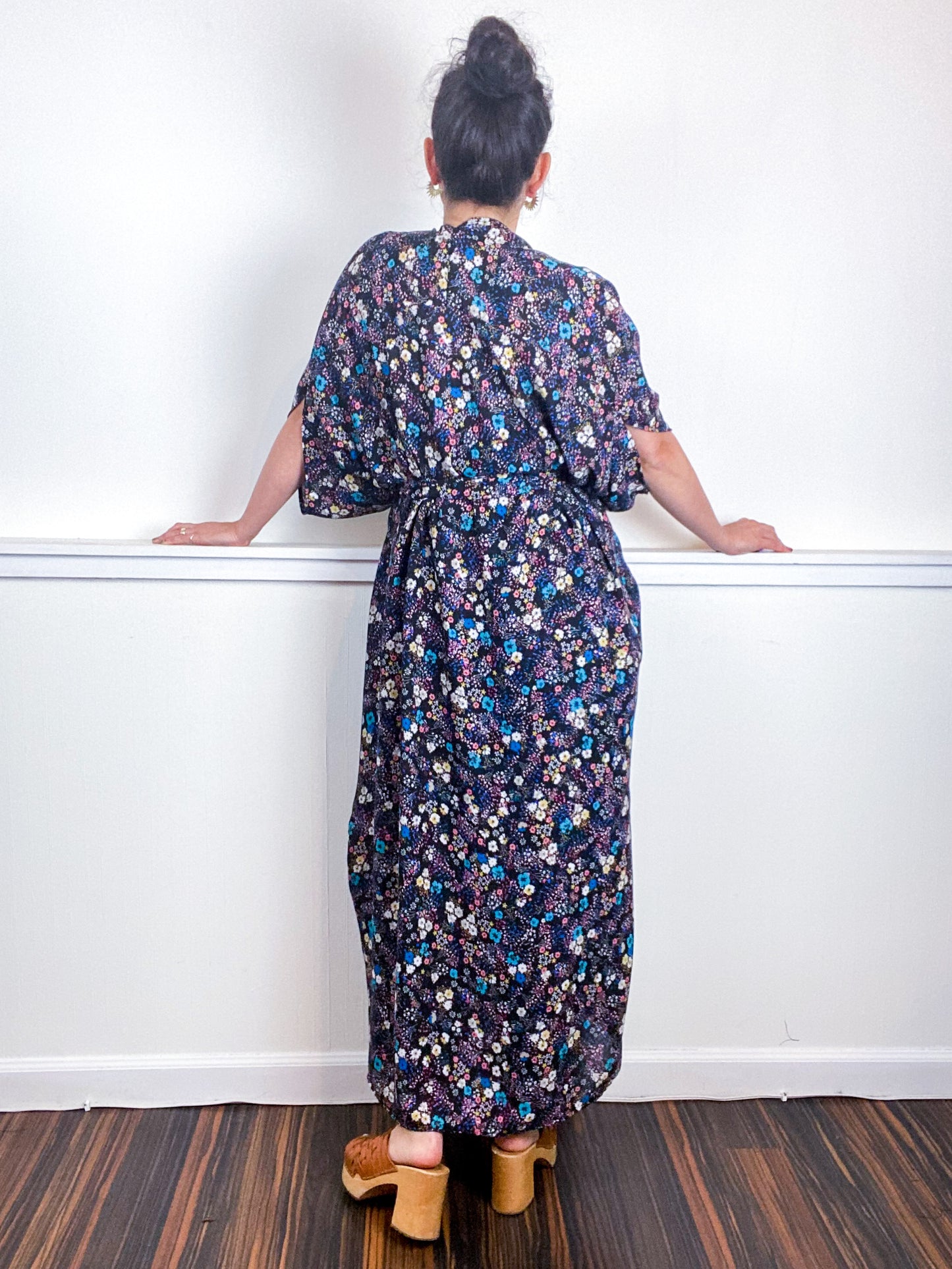 Print High Low Kimono Mini Aqua Pink Black Floral Georgette