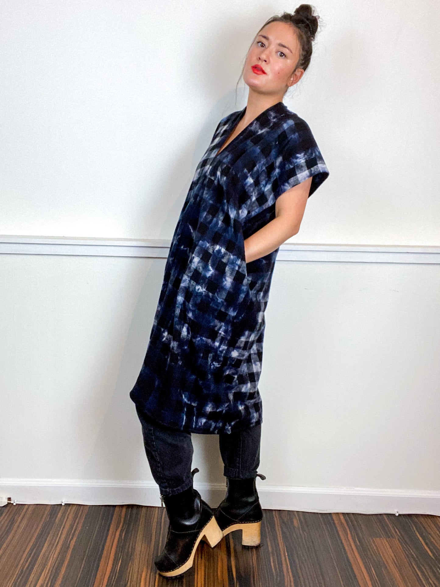 Over-Dye Plaid Smock Dress Black White Buffalo