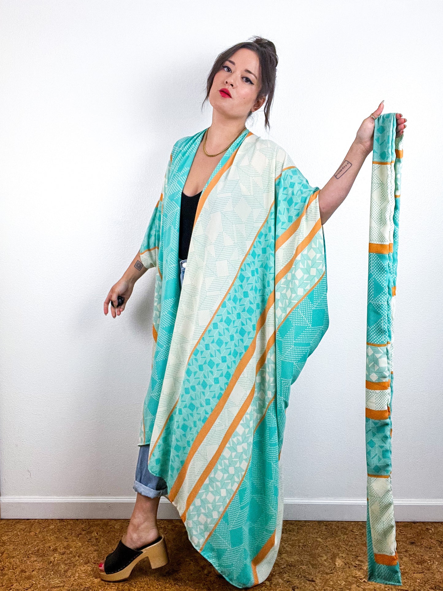 Print High Low Kimono Seafoam Orange Triangles Georgette