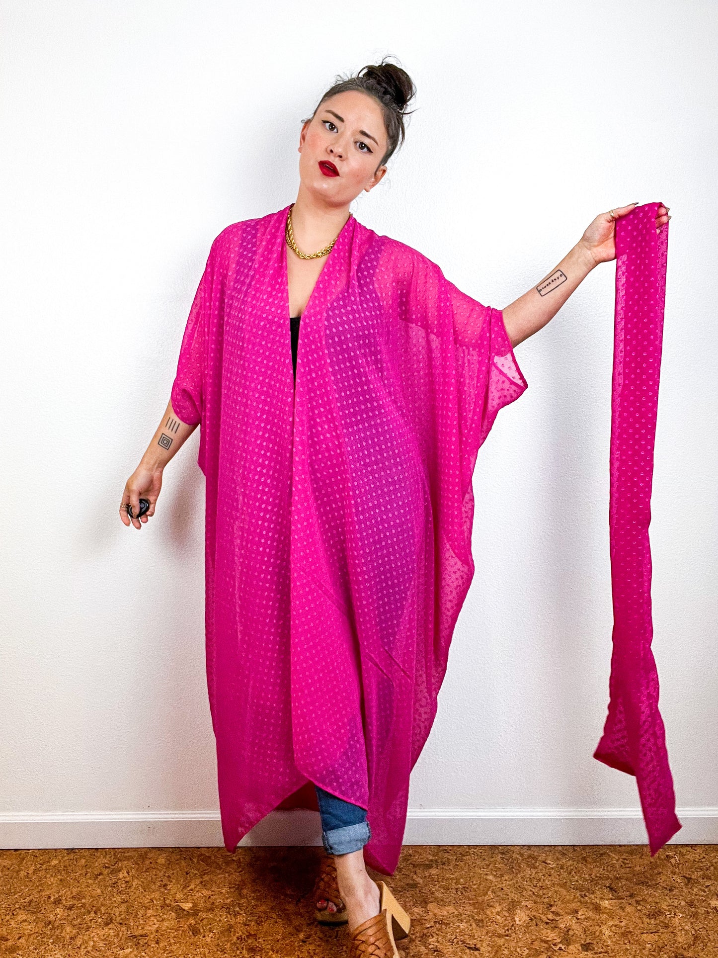 Solid High Low Kimono Fuchsia Swiss Dot Chiffon