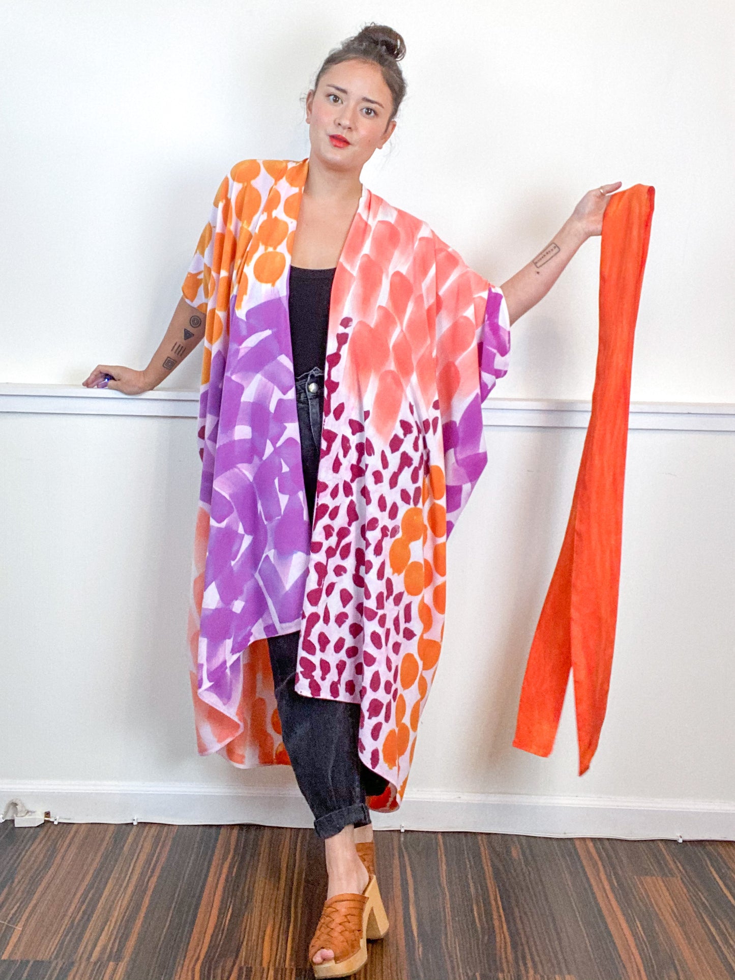 OOAK Hand-Dyed High Low Kimono Coral Tangerine Maroon Raspberry