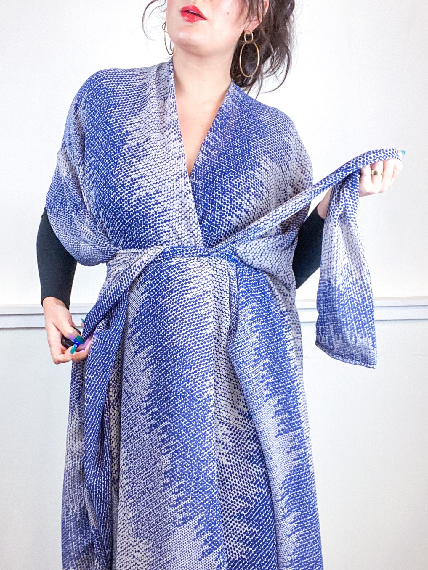 Print High Low Kimono Indigo Static Chiffon