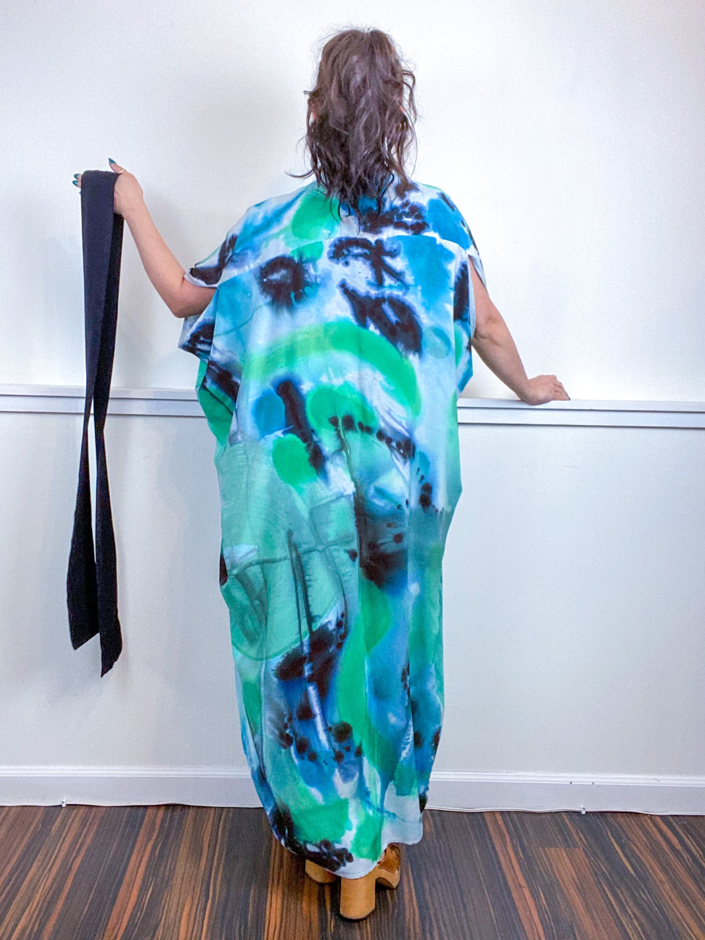 OOAK Hand-Dyed High Low Kimono Green Blue Watercolor Brushstroke