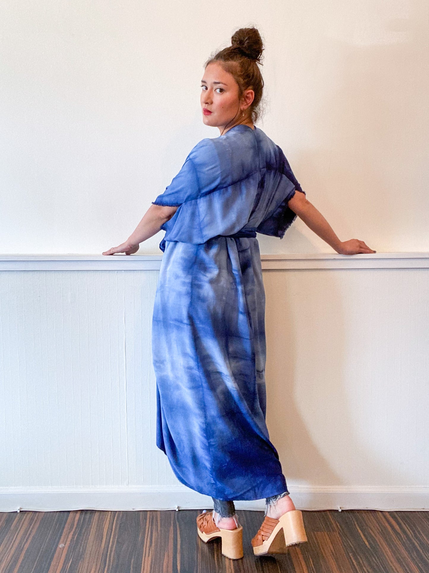 Hand-Dyed High Low Kimono Soft Blue Lines