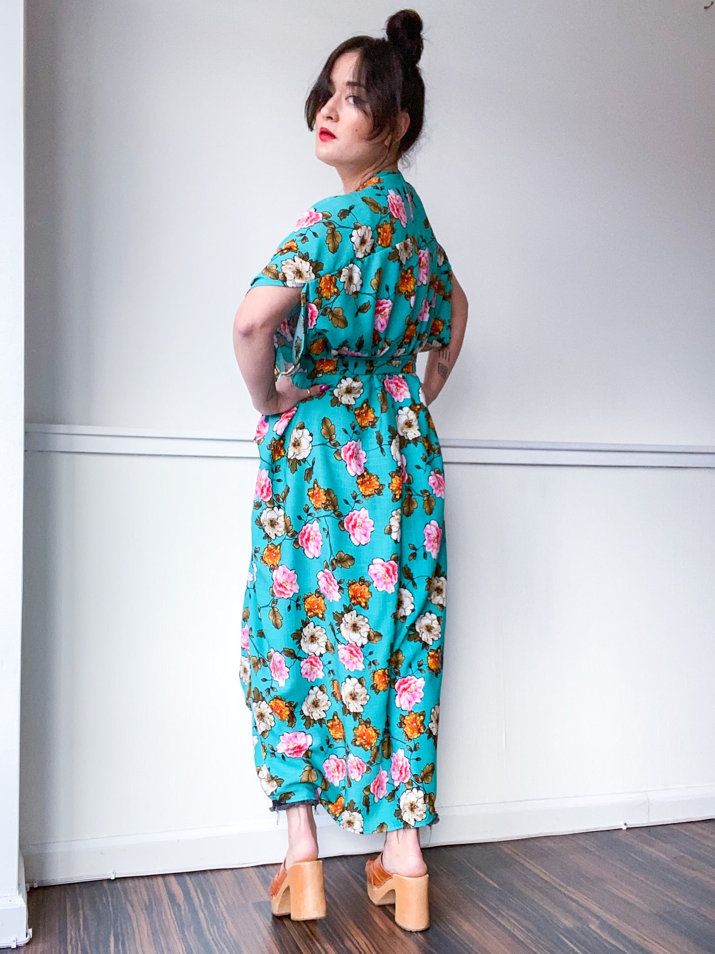 Print High Low Kimono Turquoise Floral