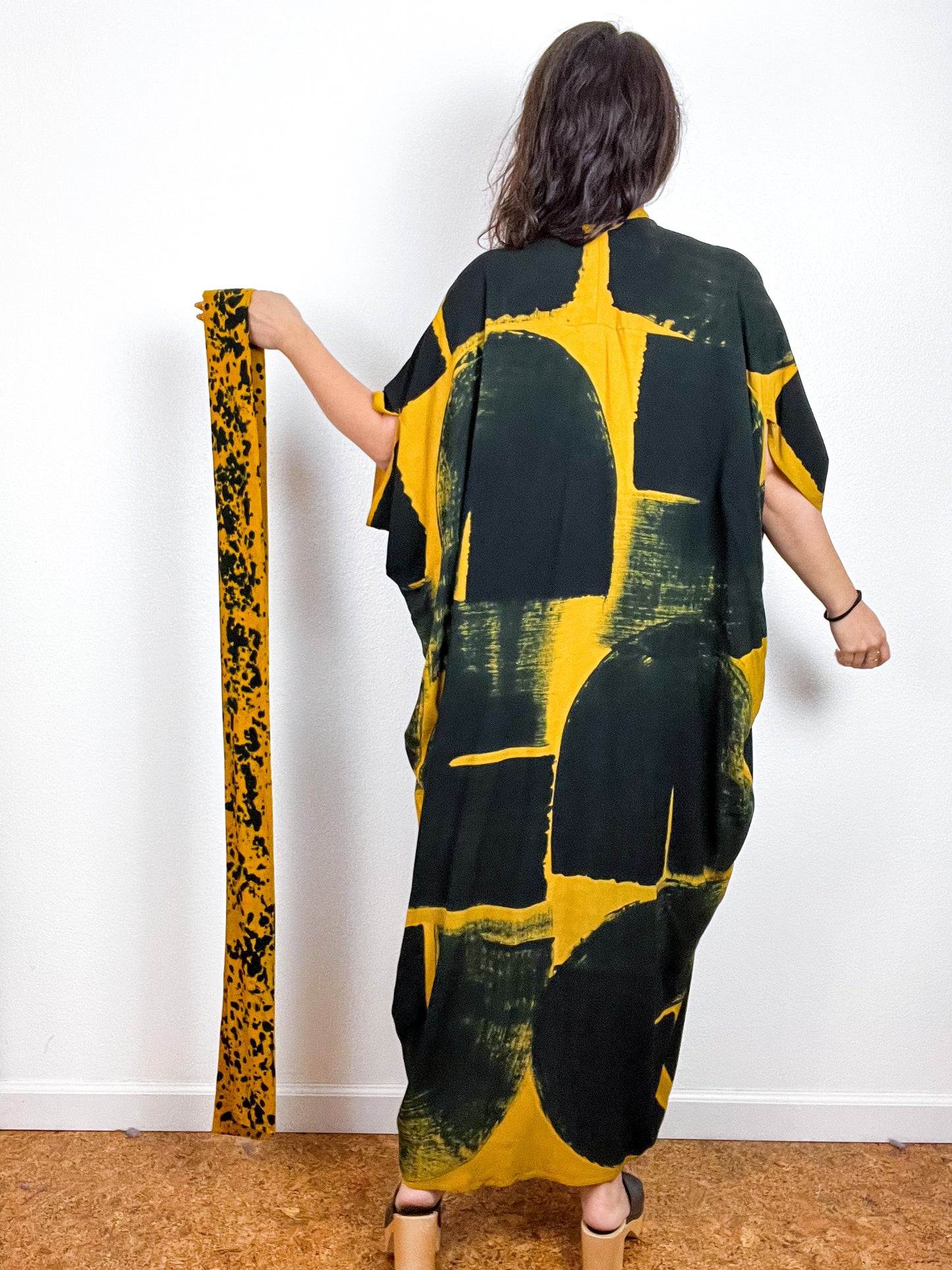 Hand-Dyed High Low Kimono Brass Black Brushstroke
