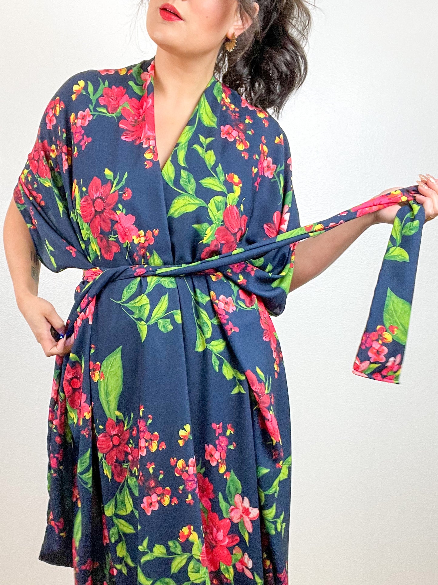 Print High Low Kimono Navy Floral Georgette