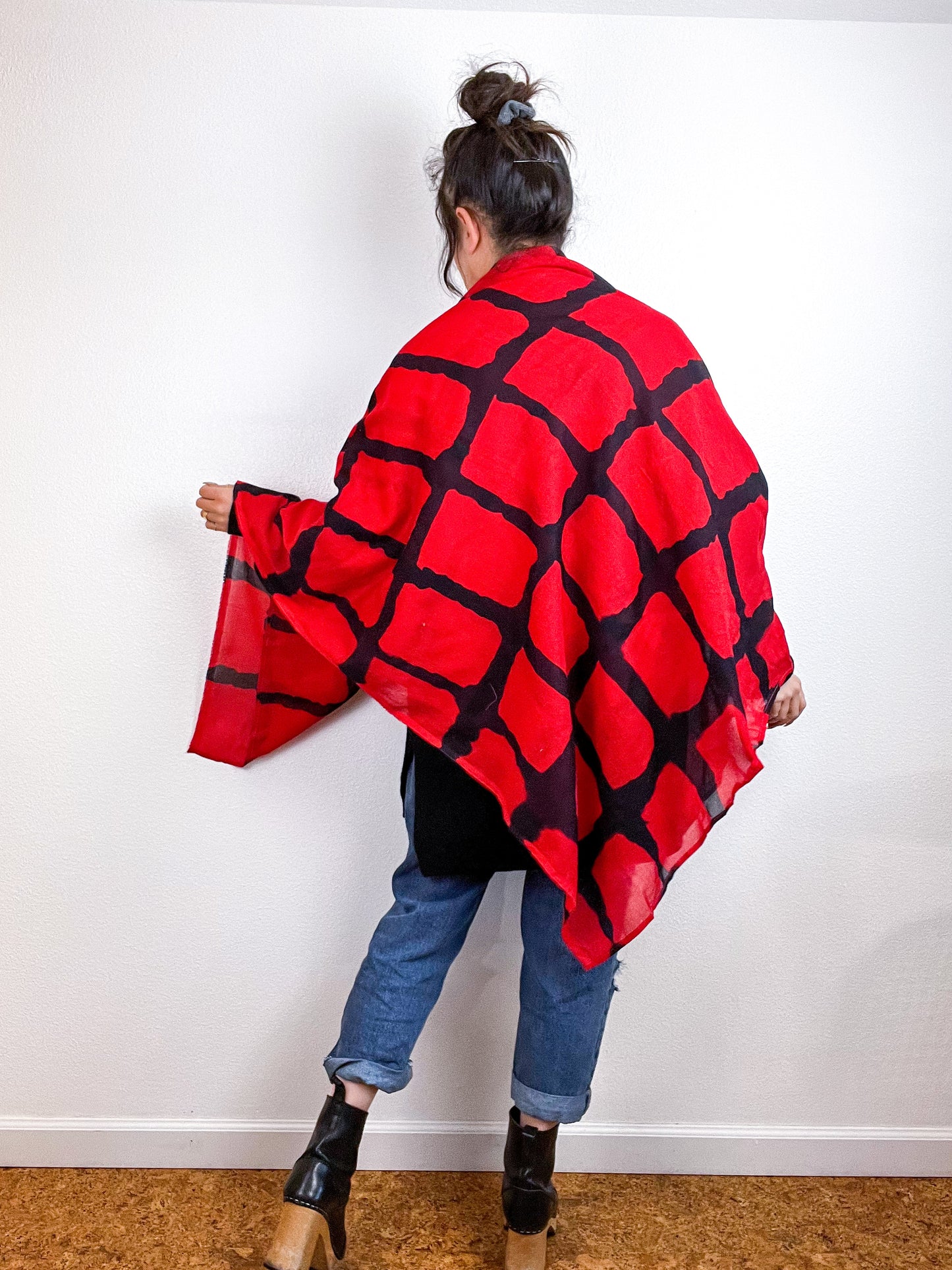 Hand-Dyed Cotton Voile Scarf Red Black Windowpane