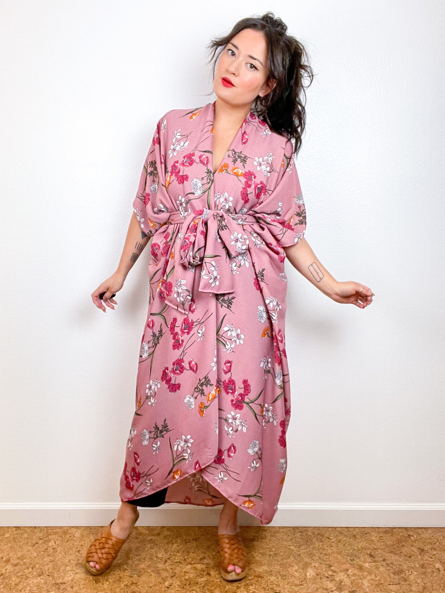 Print High Low Kimono Mauve Floral Crinkle Gauze