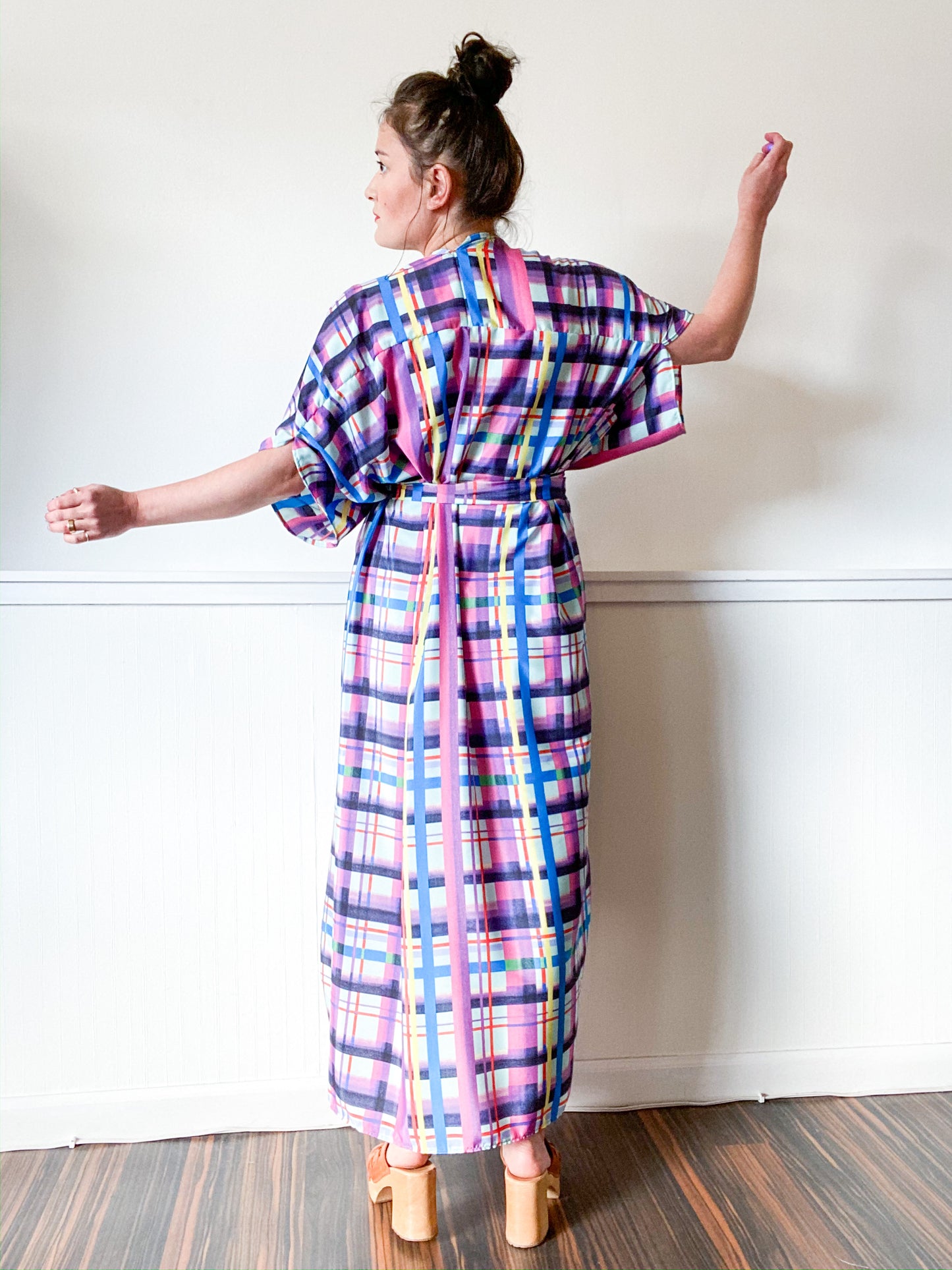 Print High Low Kimono Aqua Lilac Plaid
