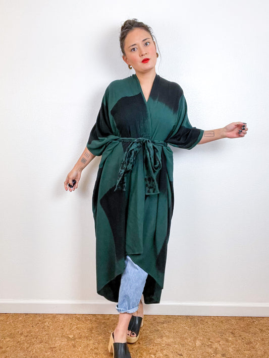 Hand-Dyed High Low Kimono Emerald Black Rectangles