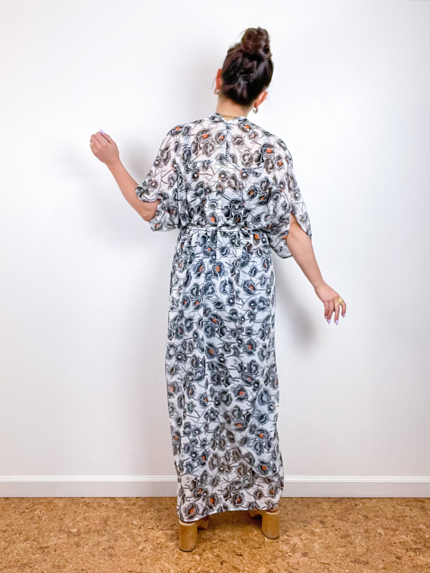 Print High Low Kimono Ivory Poppy Floral Chiffon