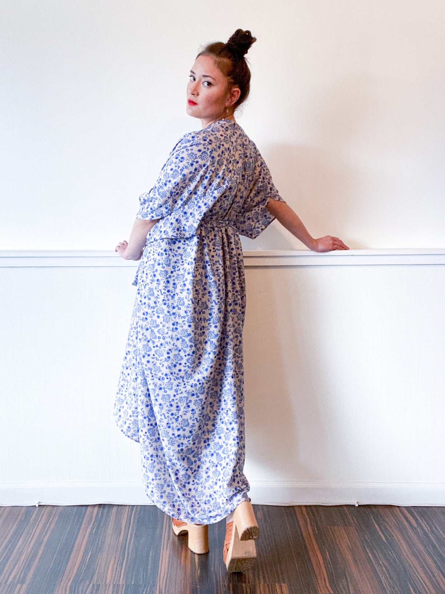 Print High Low Kimono Blue Ivory Mini Floral Crepe de Chine