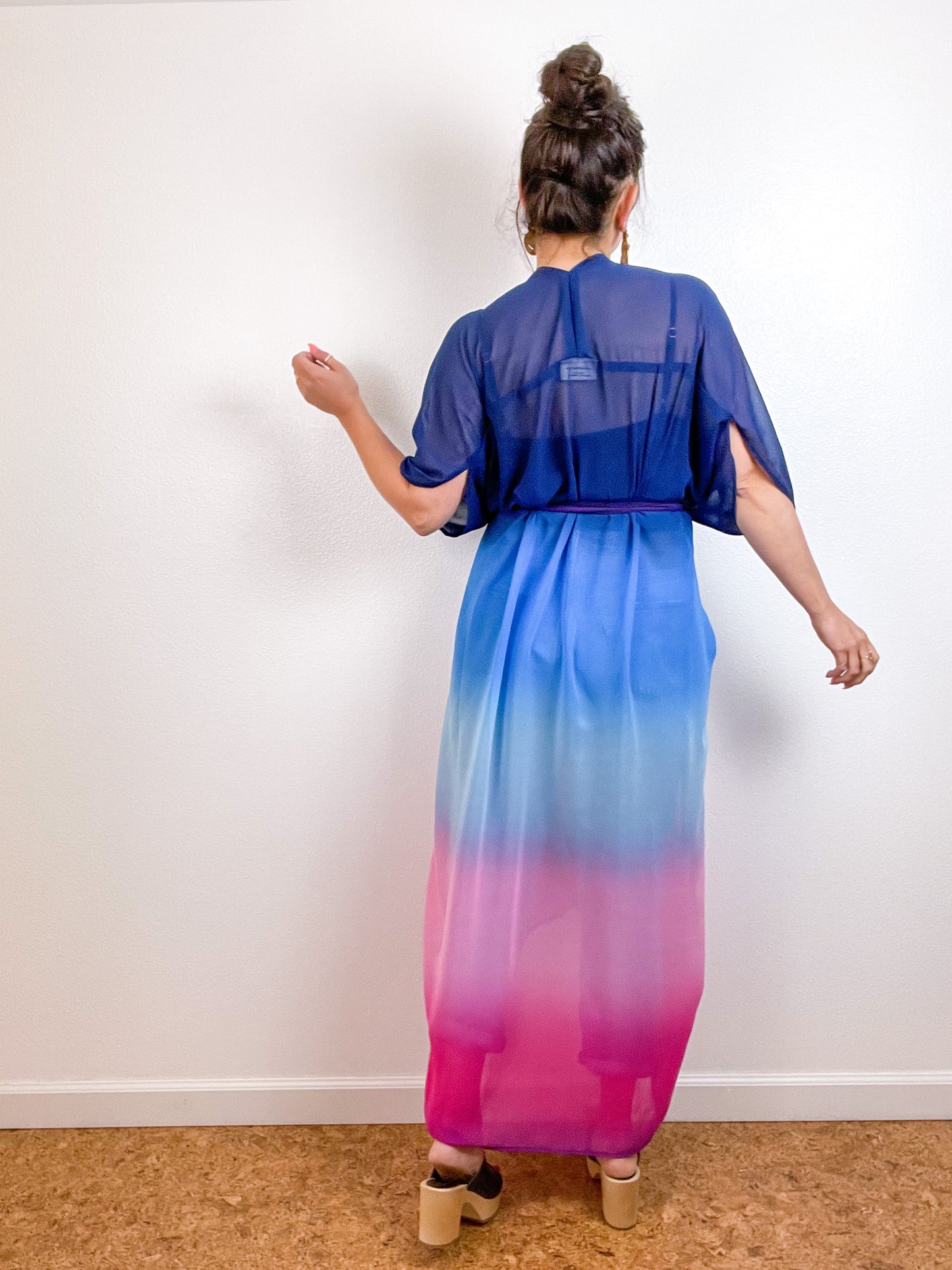 Print High Low Kimono Blue Pink Ombre Chiffon