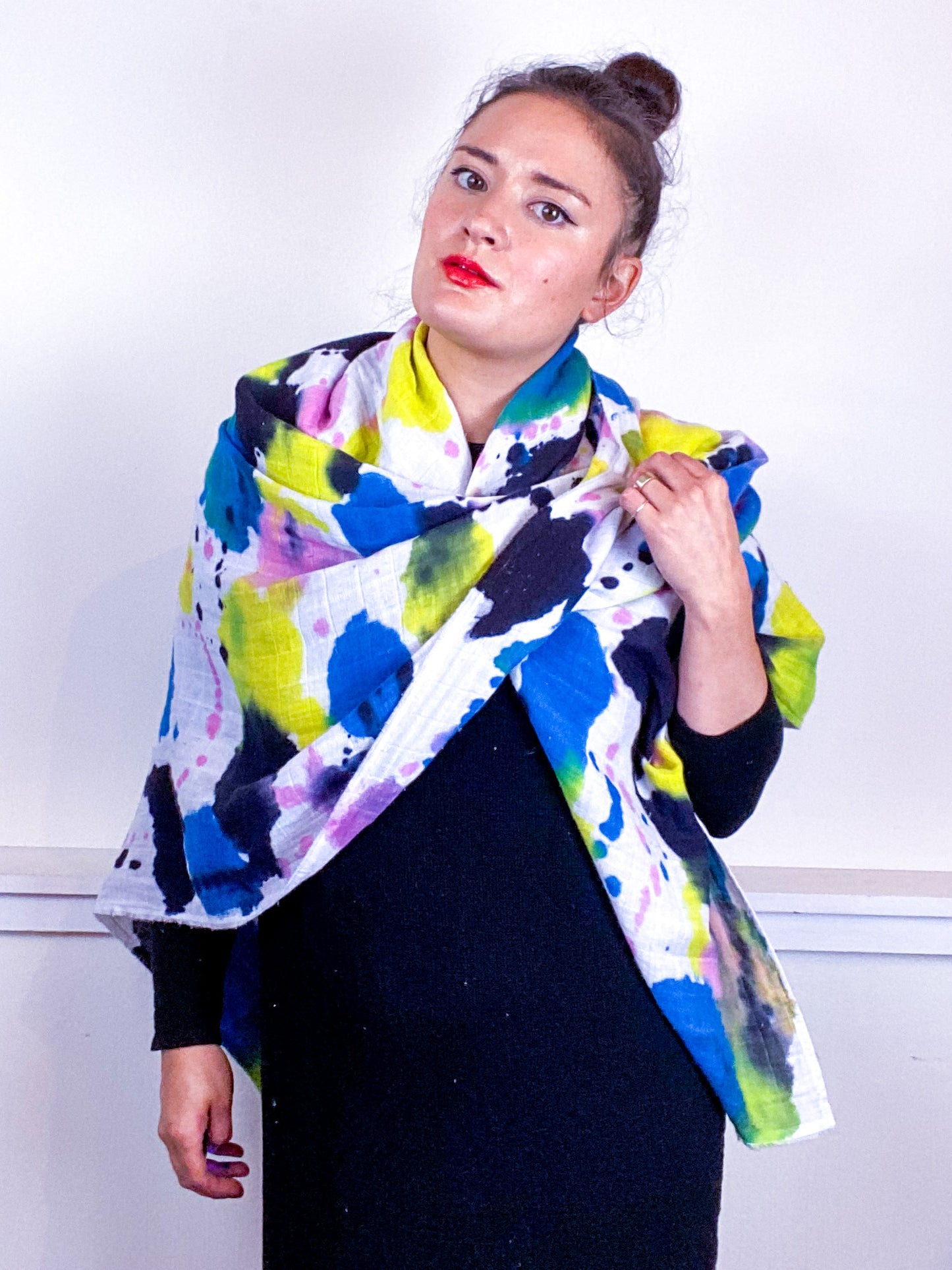 Hand-Dyed Large Square Scarf Royal Lemon Pink Raven