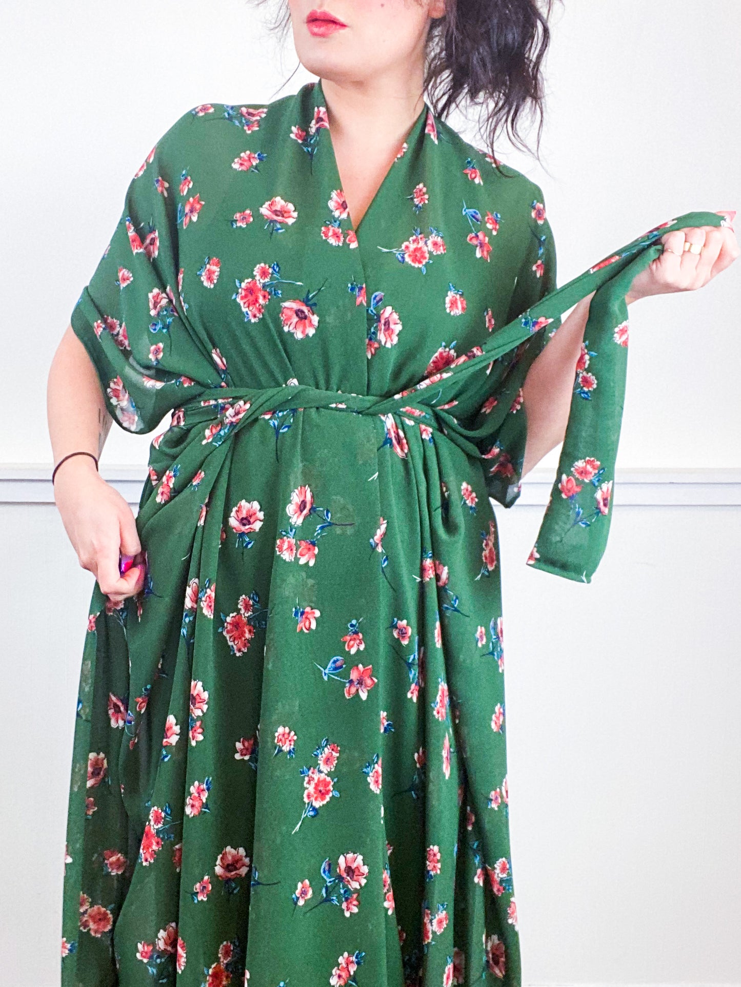 Print High Low Kimono Green Floral Georgette