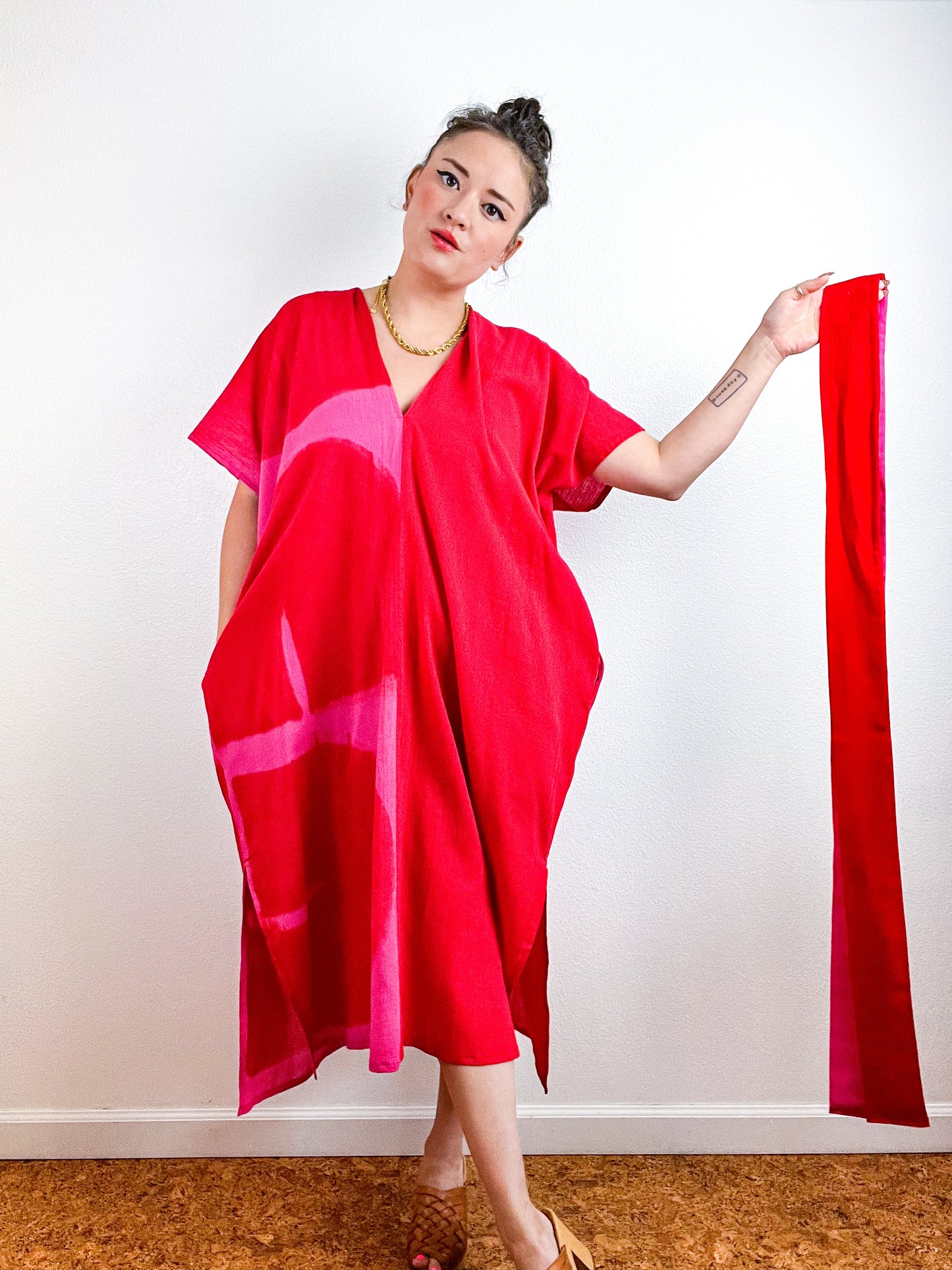 Single Gauze Midi Caftan Dress Fuchsia Scarlet Brushstrokes