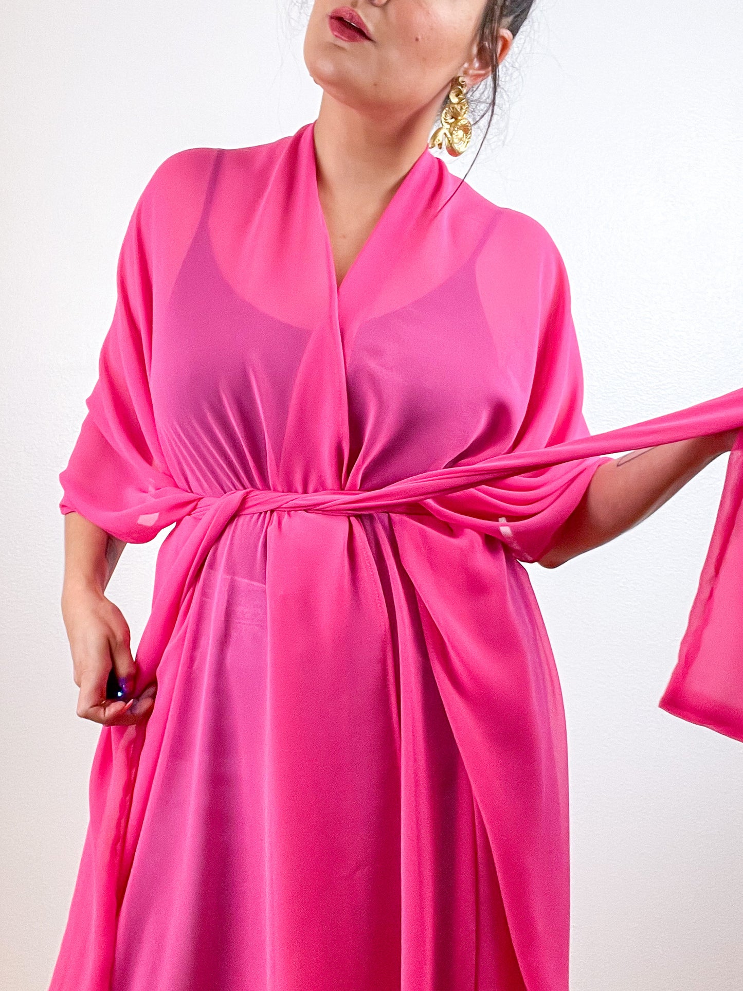 Solid High Low Kimono Hot Pink Chiffon