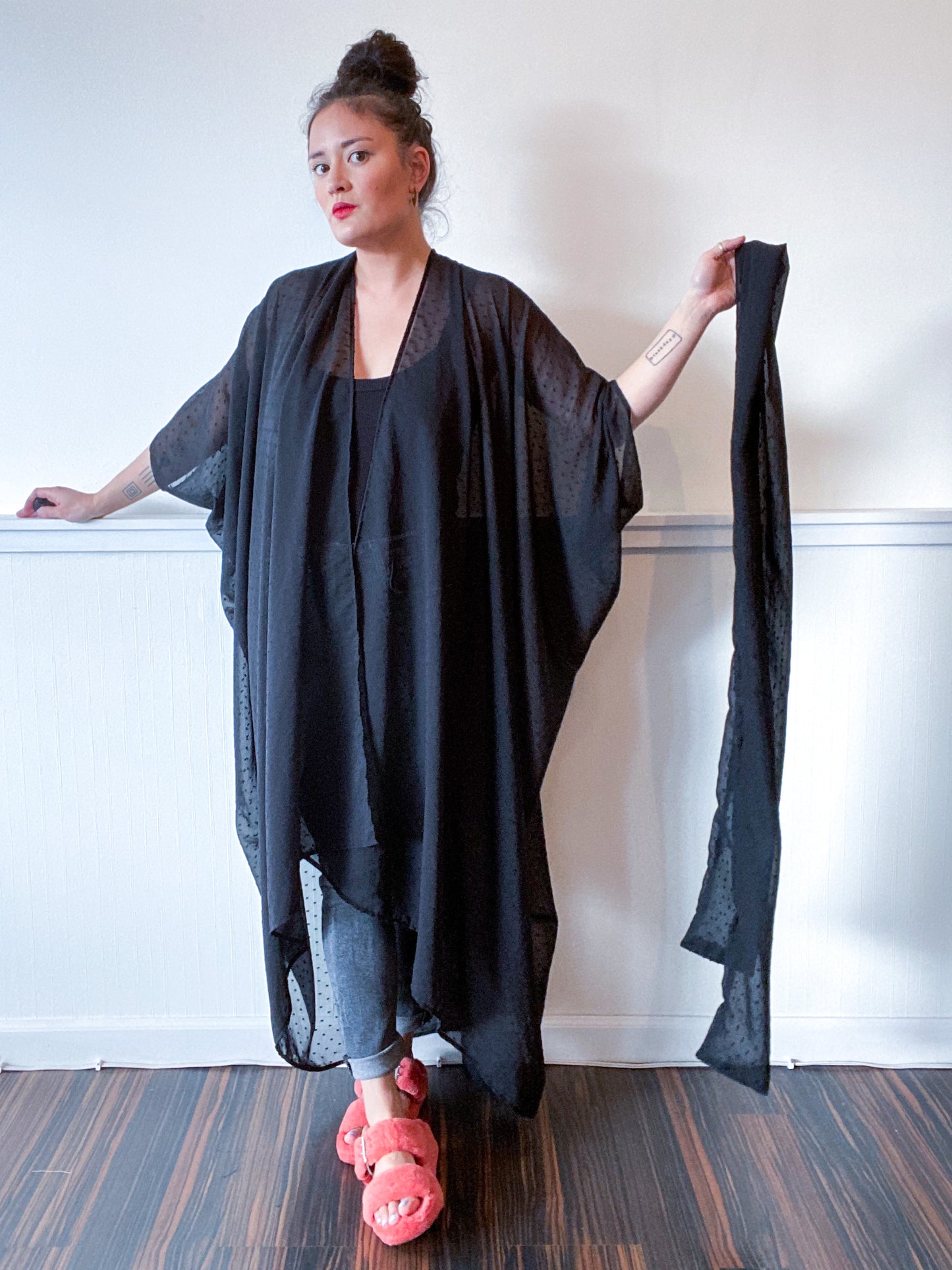 Print High Low Kimono Black Swiss Dot Chiffon