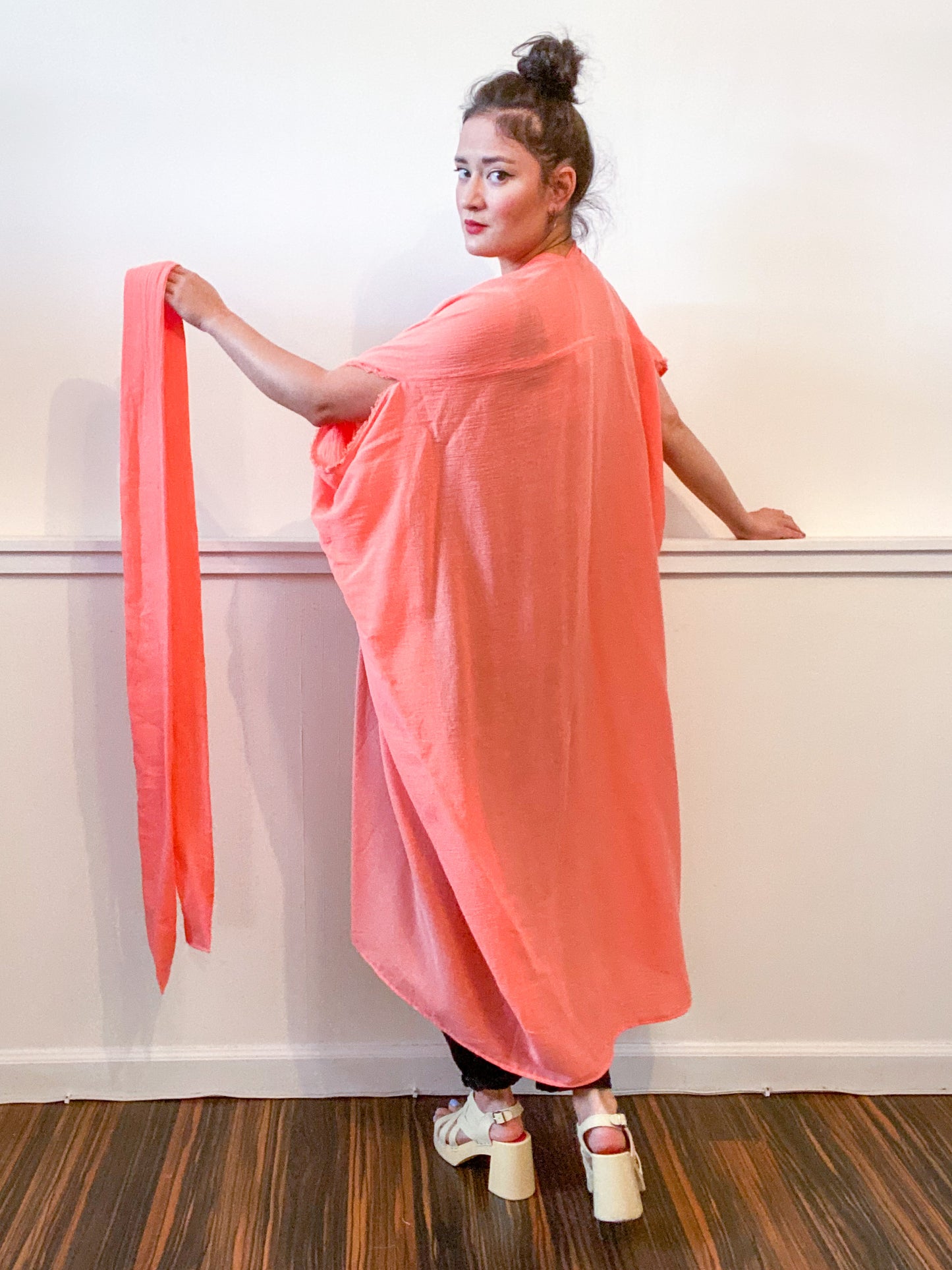 Solid High Low Kimono Peach Cotton Gauze