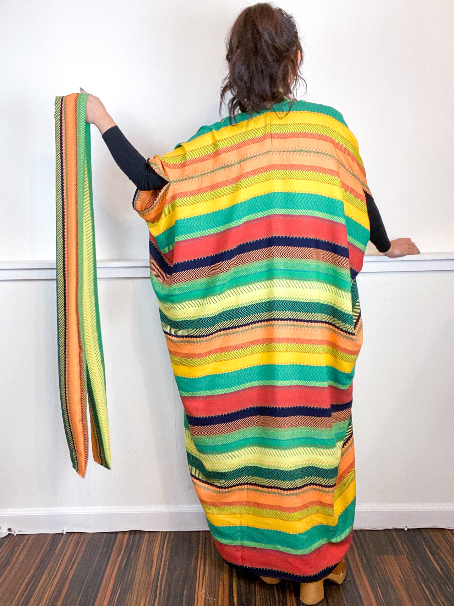 Print High Low Kimono Stitch Stripe Crepe De Chine