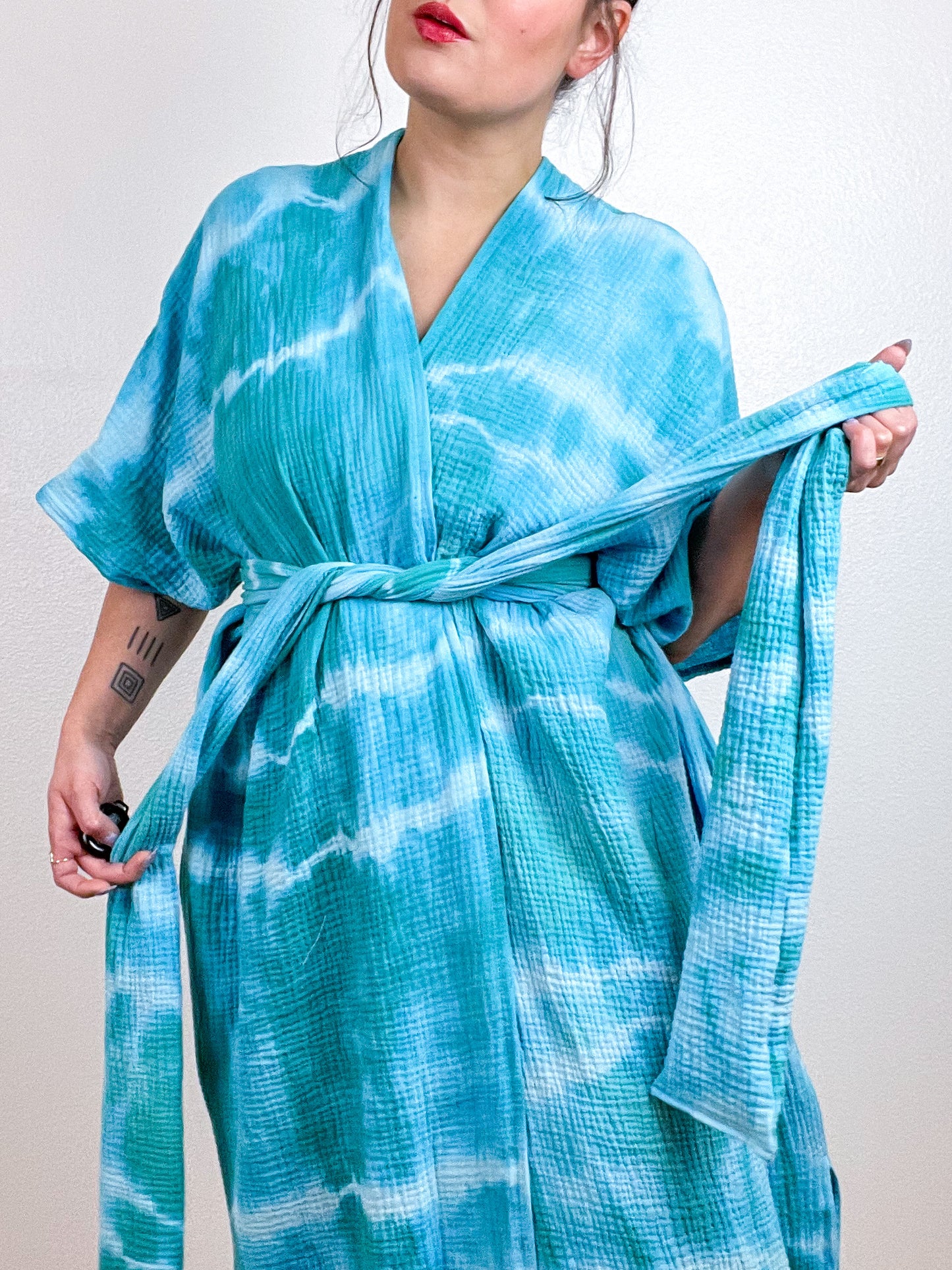 Double Gauze Duster Kimono Aqua Tie