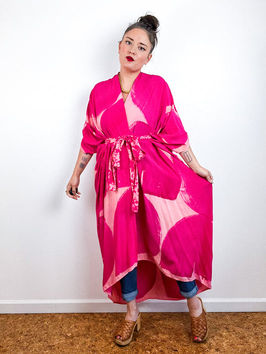 Hand-Dyed High Low Kimono Peach Fuchsia Brushstroke