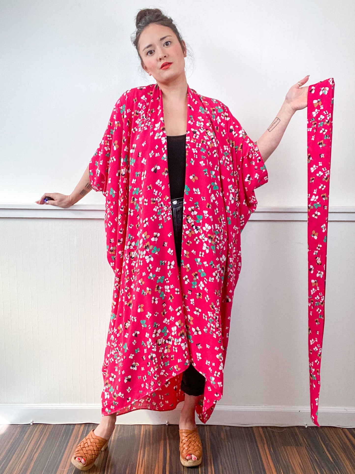 Print High Low Kimono Fuchsia Floral Challis