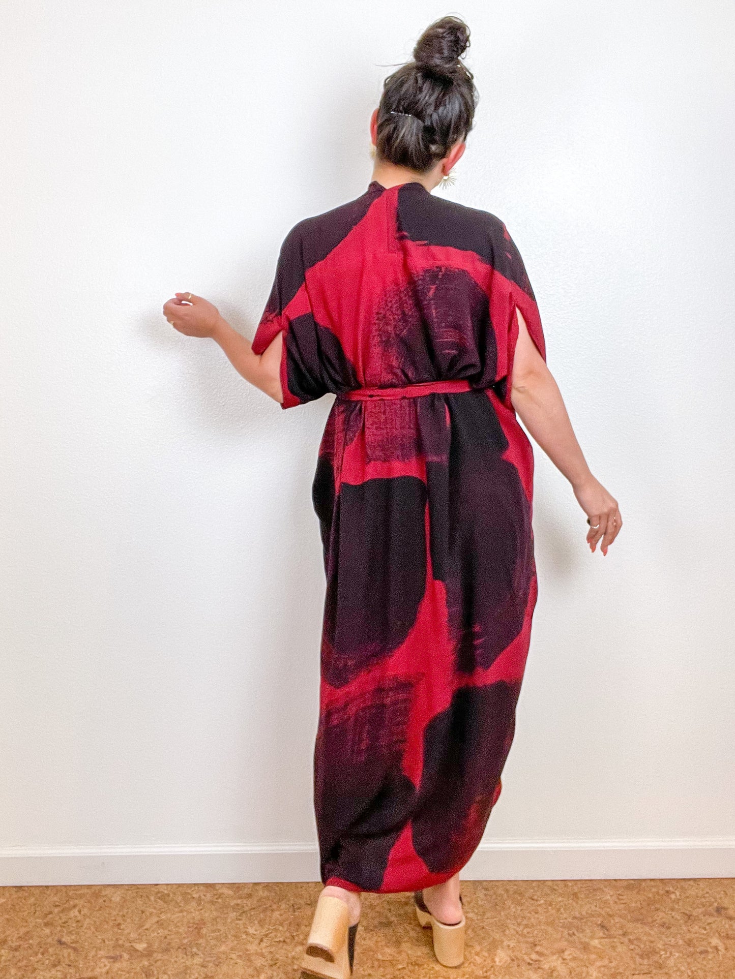 Hand-Dyed High Low Kimono Crimson Black Brushstroke