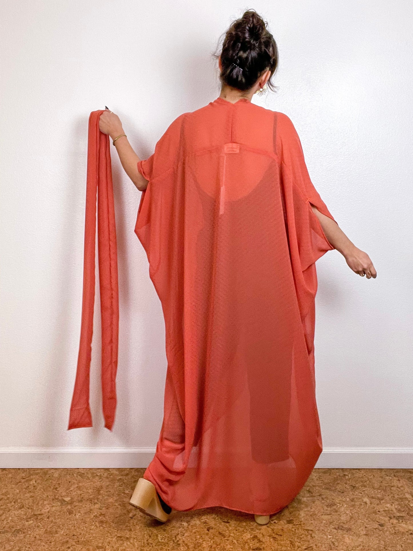 Solid High Low Kimono Orange Dots Chiffon