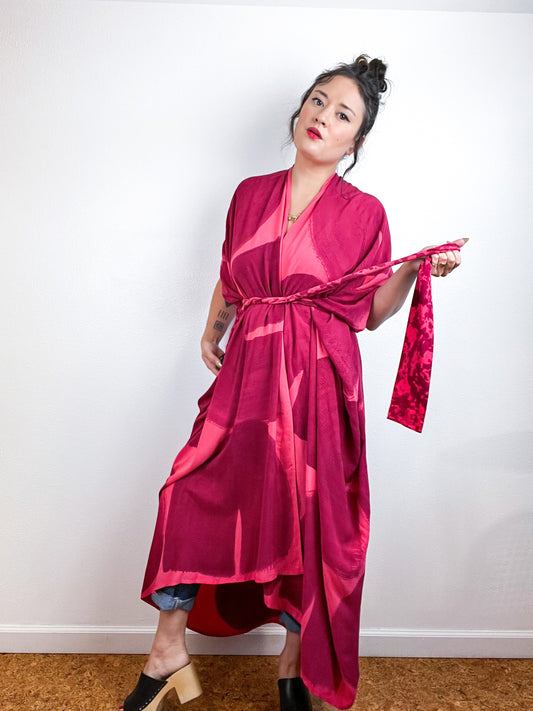 Hand-Dyed High Low Kimono Coral Maroon Brushstroke