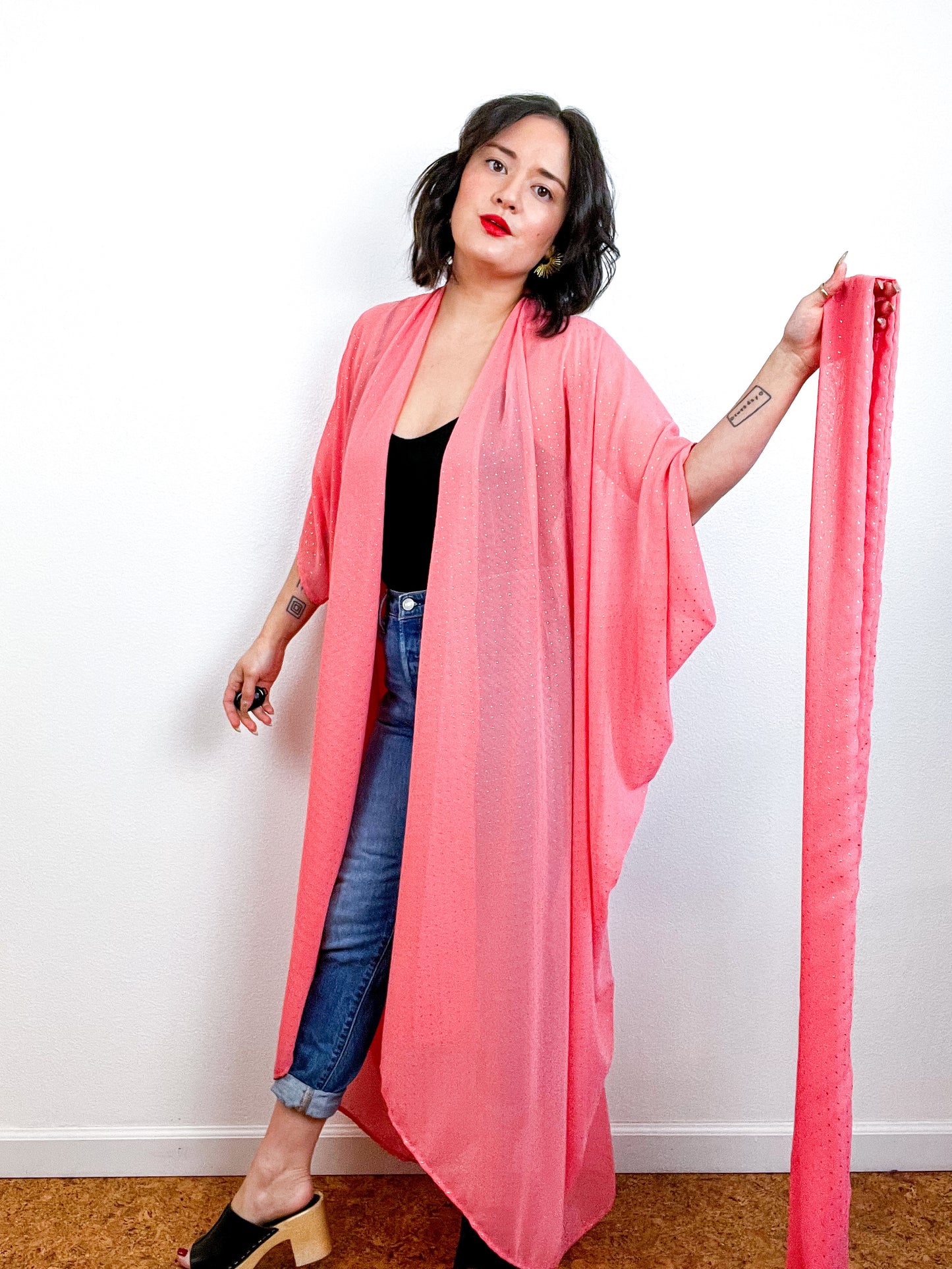 Print High Low Kimono Coral Gold Pindot Chiffon