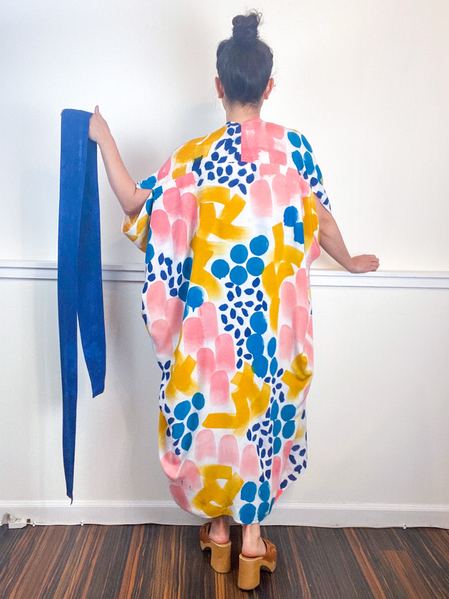 OOAK Hand-Dyed High Low Kimono Marigold Kingfisher Indigo Coral