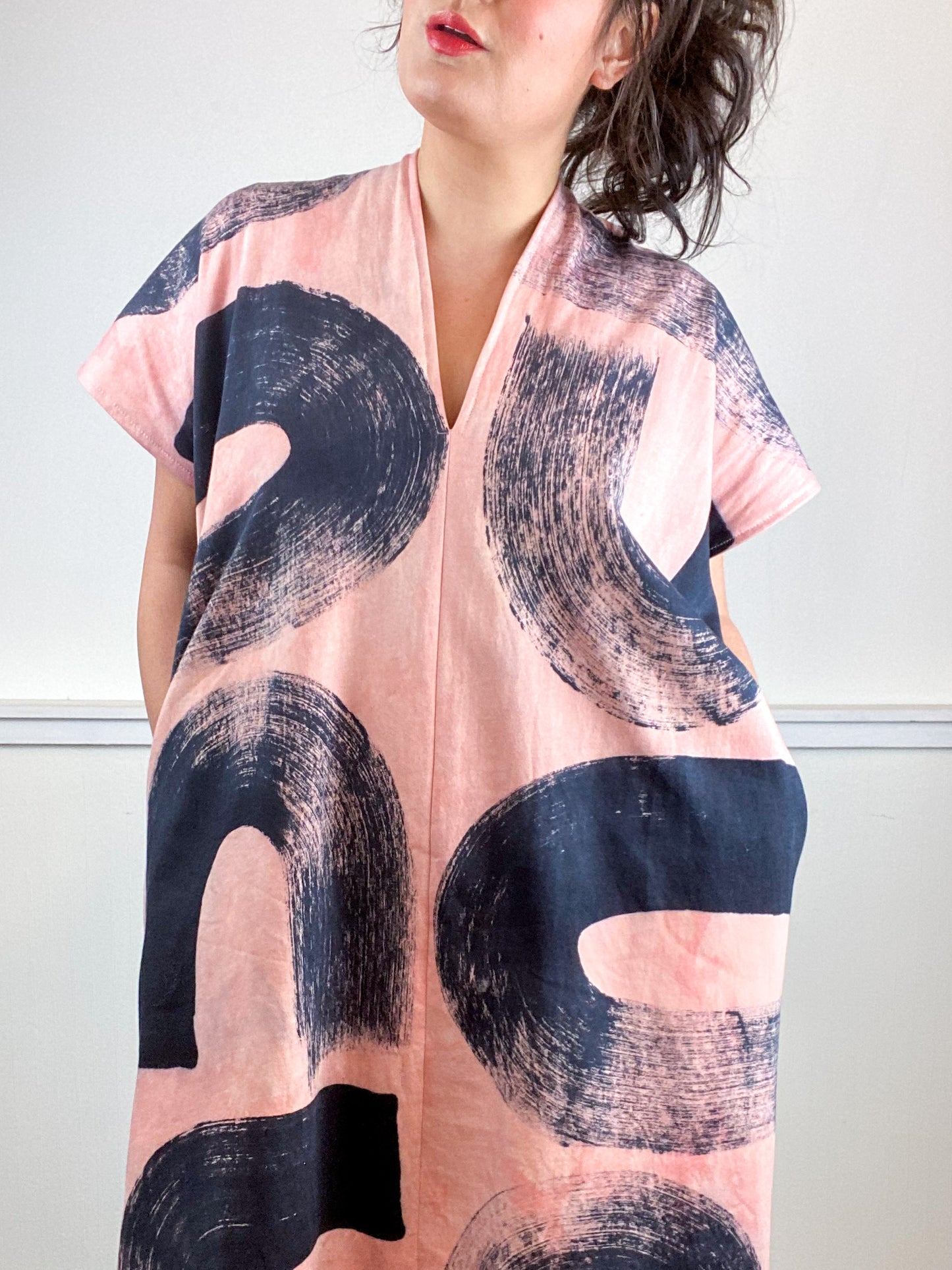 Hand-Dyed Sweatshirt Smock Dress Blush Black Brushstrokes