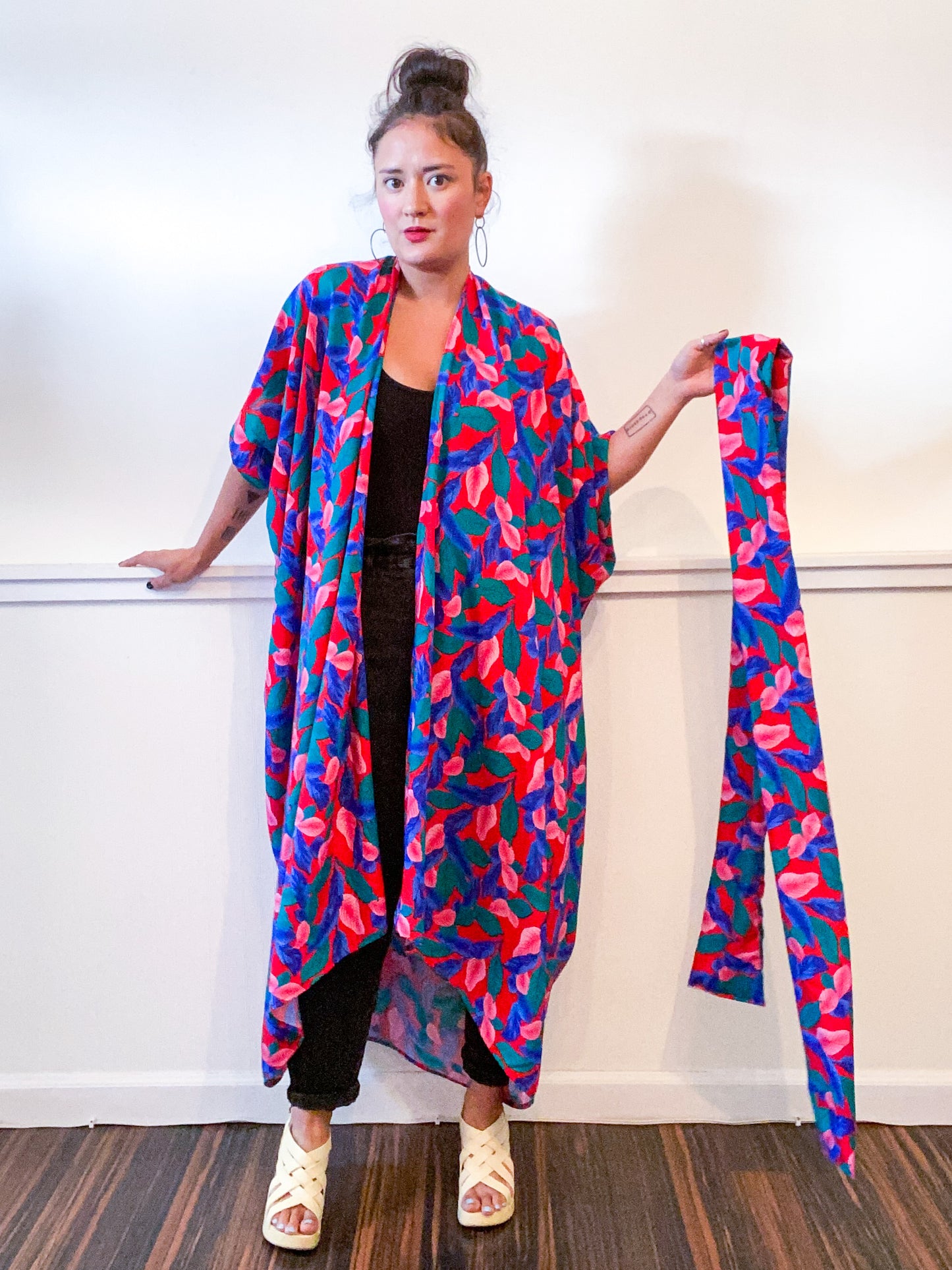 Print High Low Kimono Tropical Leaves Rayon Challis