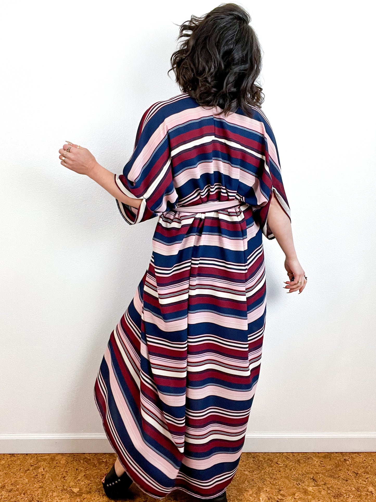 Print High Low Kimono Maroon Navy Pink Stripe Georgette