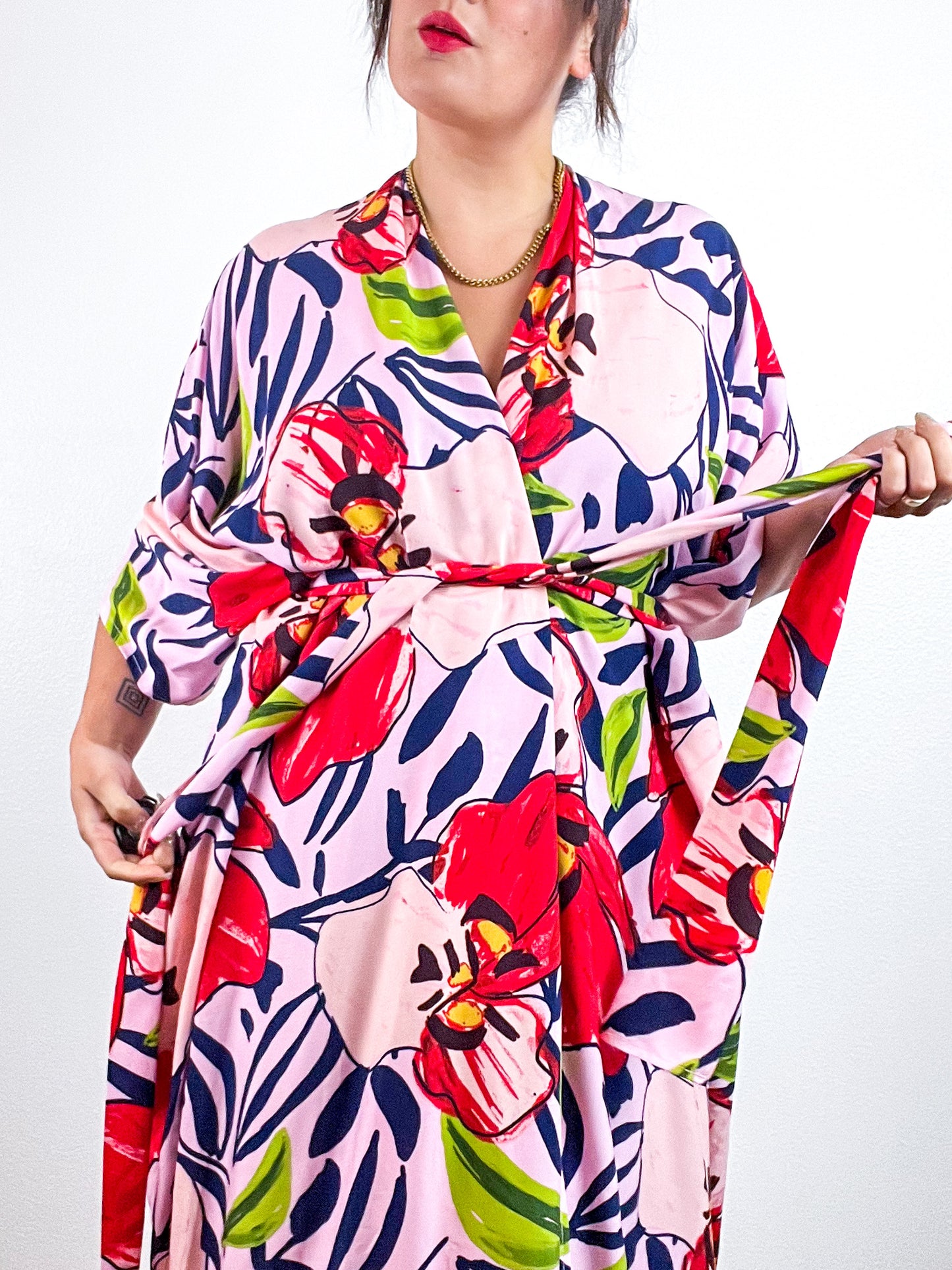 Print High Low Kimono Pink Painterly Orchids Challis