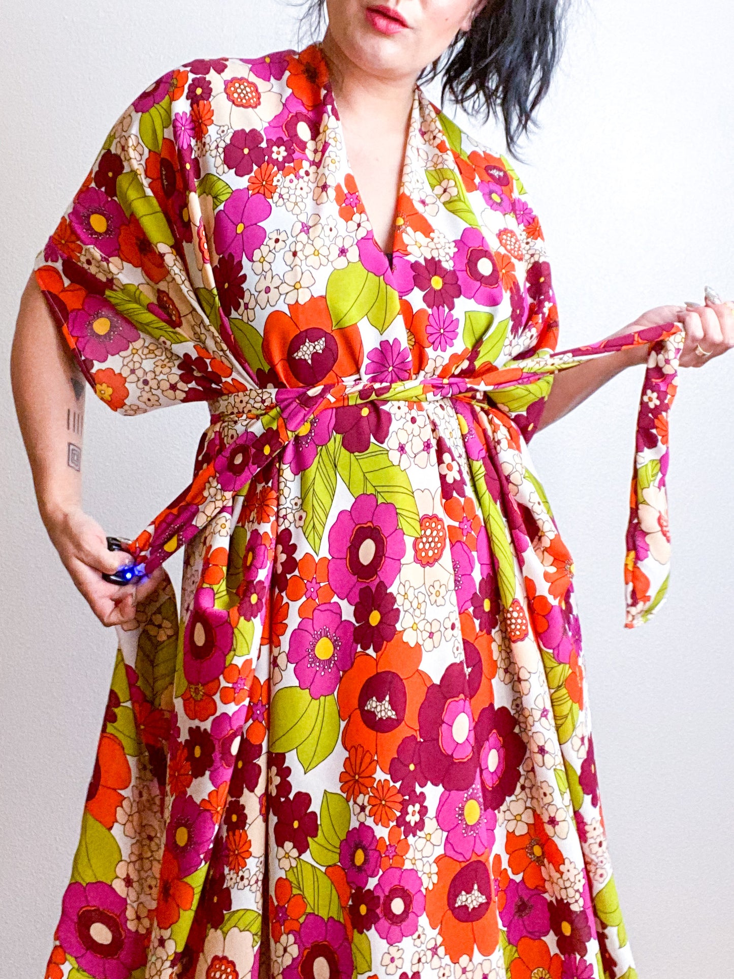 Print High Low Kimono Retro Floral Crepe