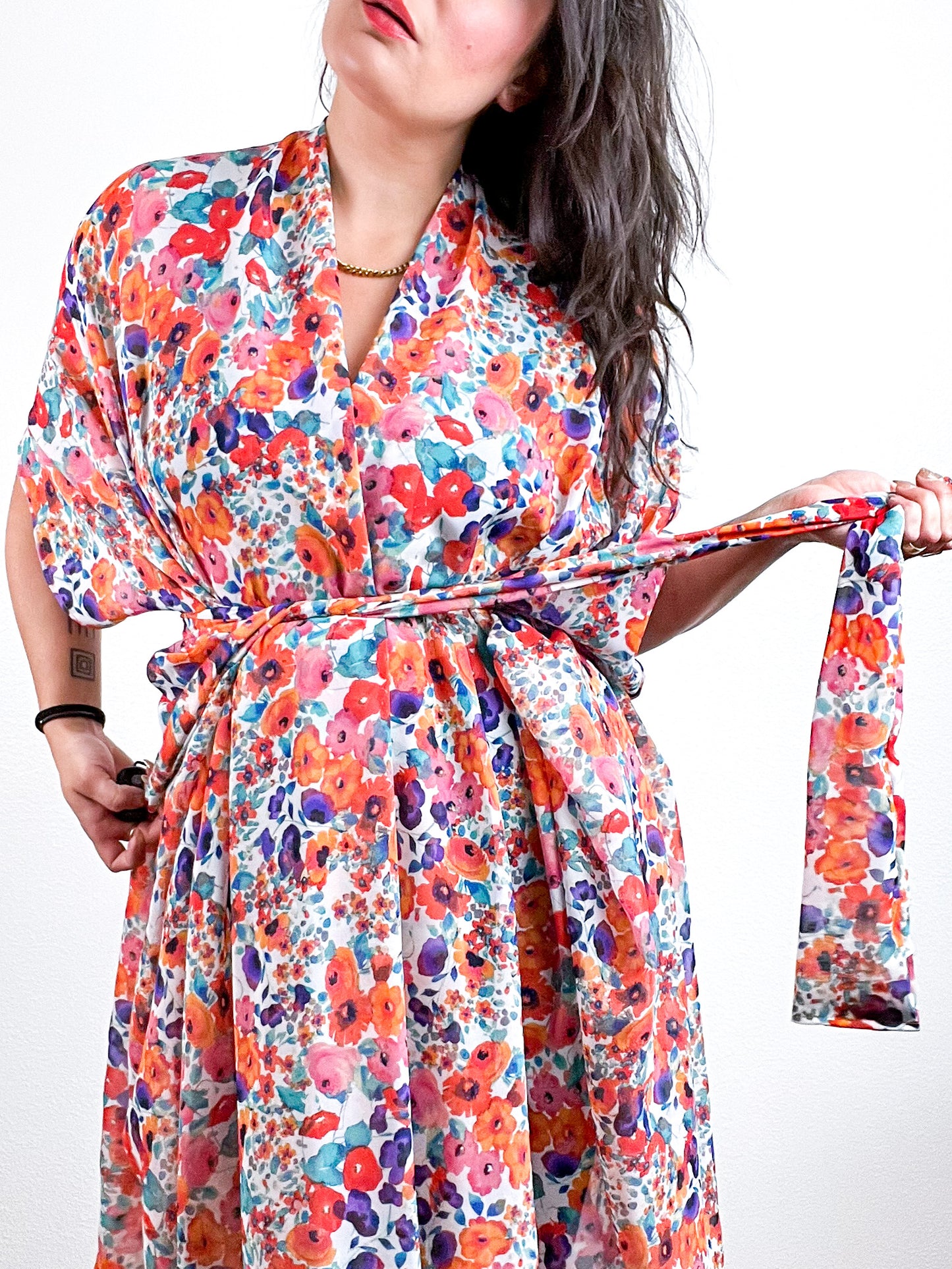 Print High Low Kimono Coral Mini Floral Chiffon