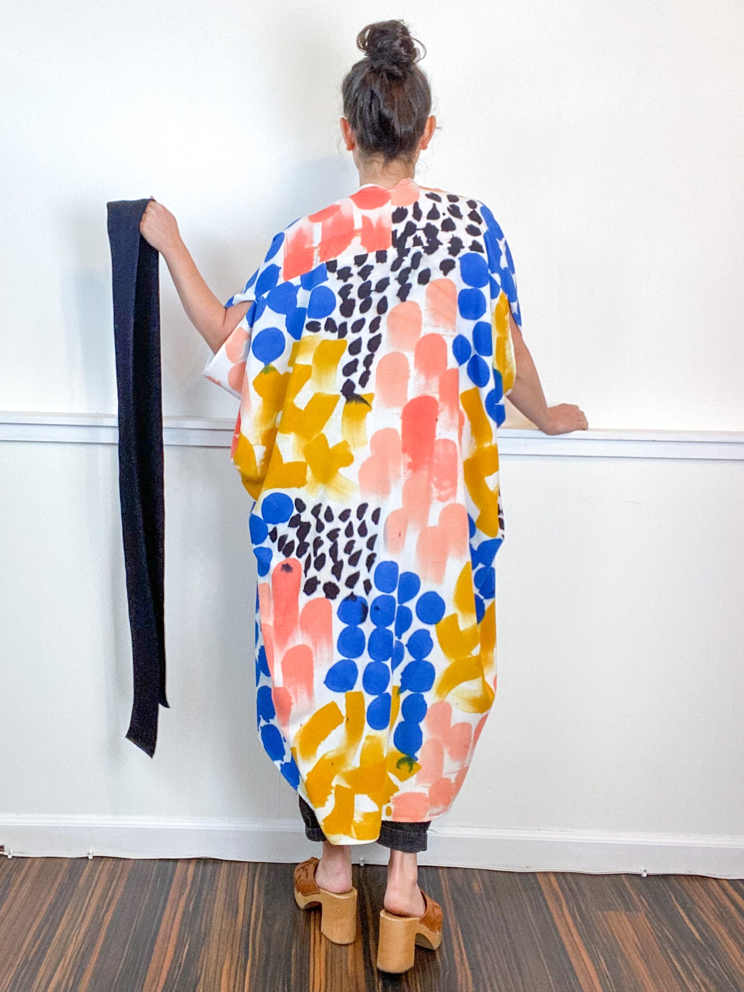 OOAK Hand-Dyed High Low Kimono Coral Raven Marigold Sky