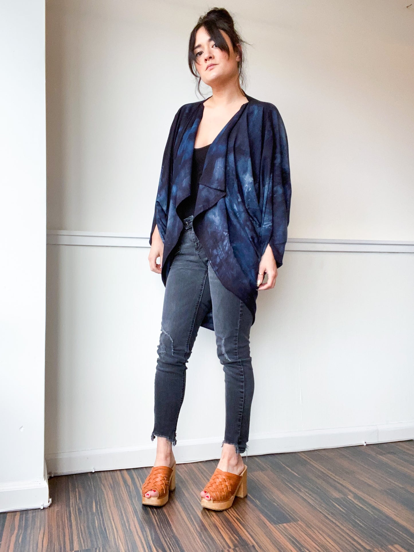 Hand-Dyed Waterfall Kimono Soft Black Lines