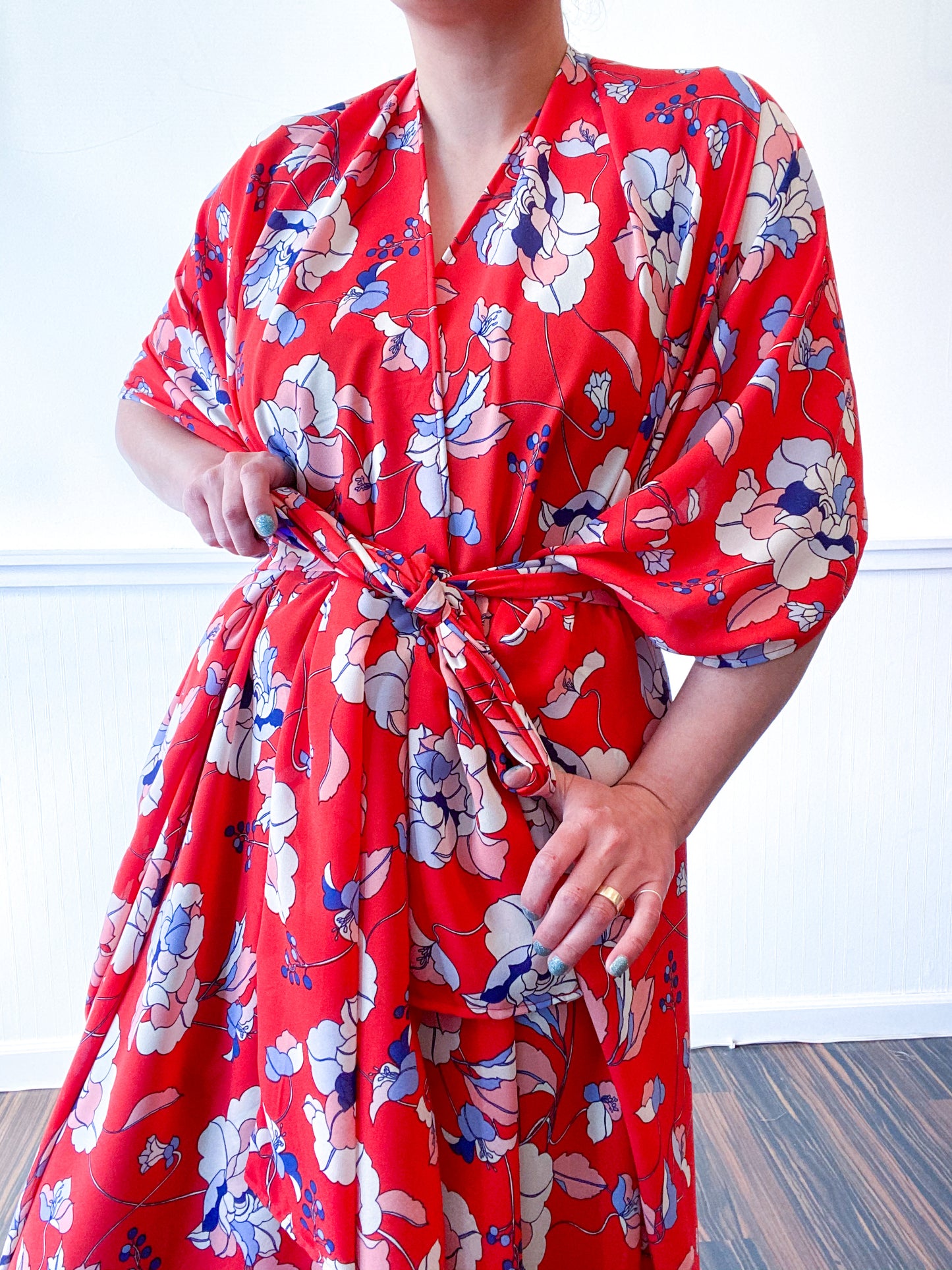 Print High Low Kimono Red Floral Georgette