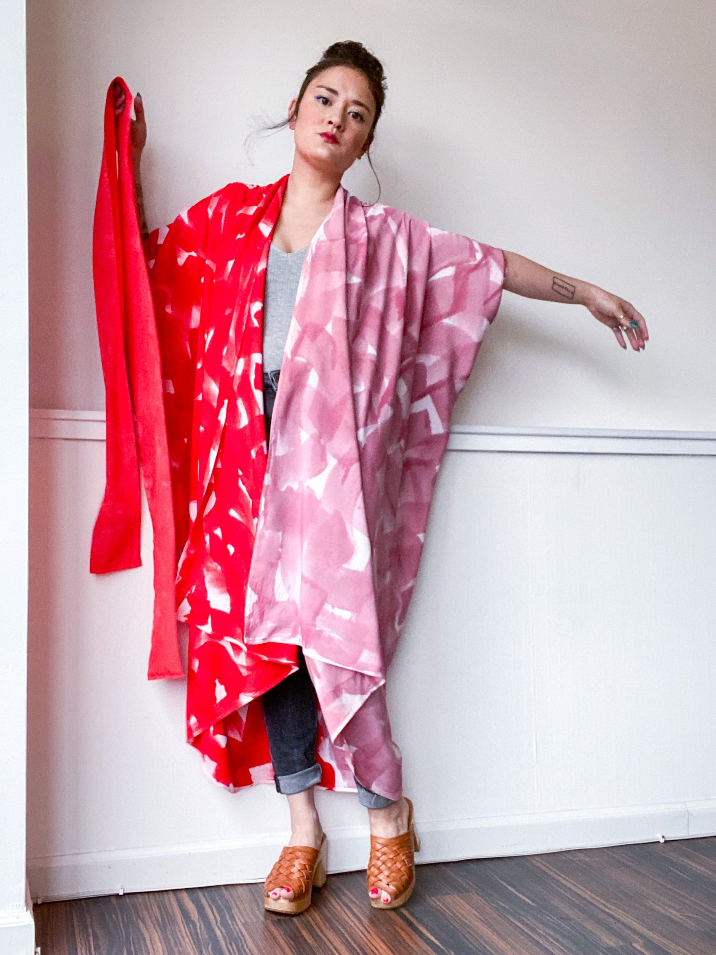 Limited Edition Hand-Dyed High Low Kimono Scarlet Pink