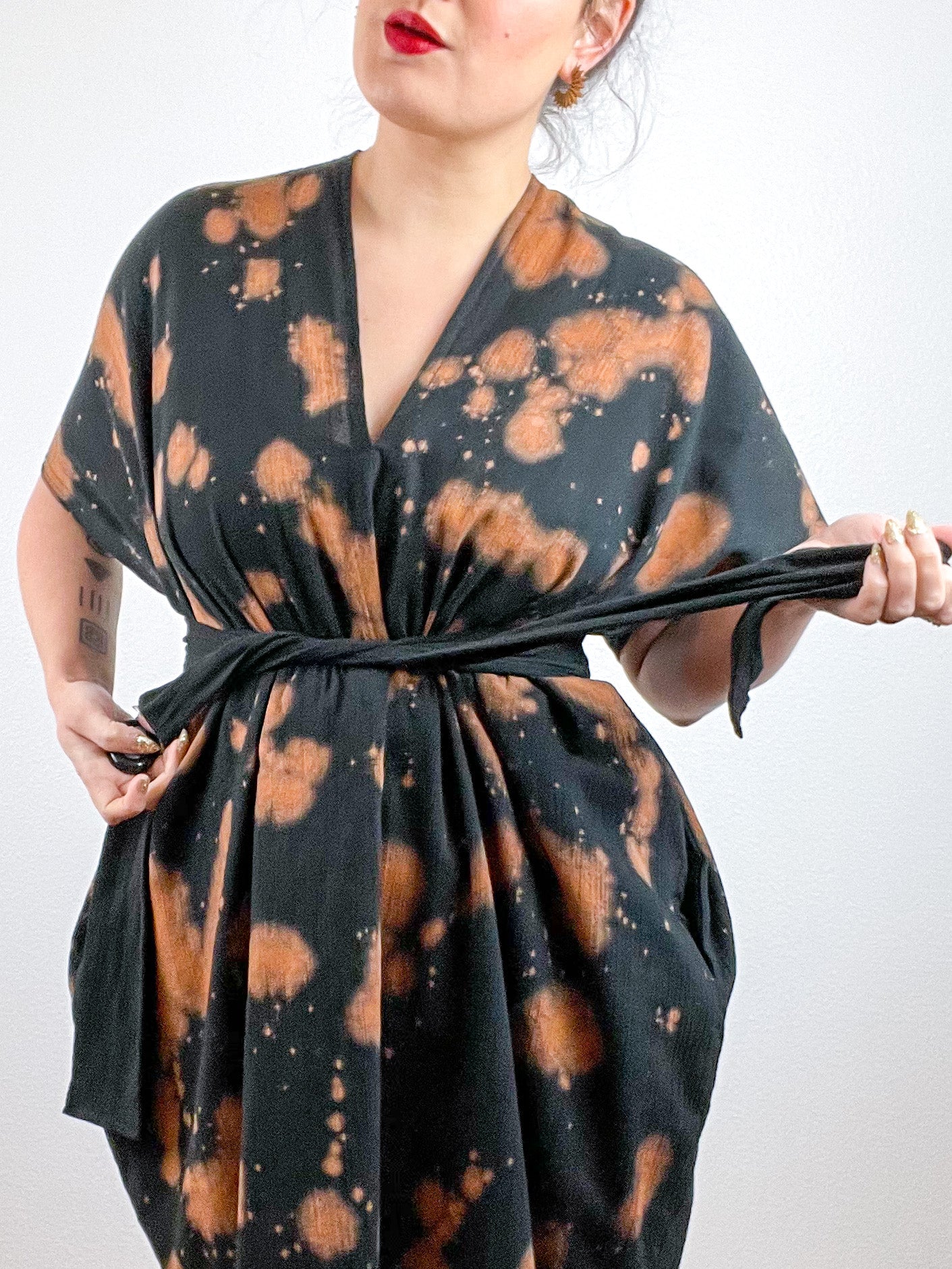 Single Gauze Mini Caftan Dress Black Rust