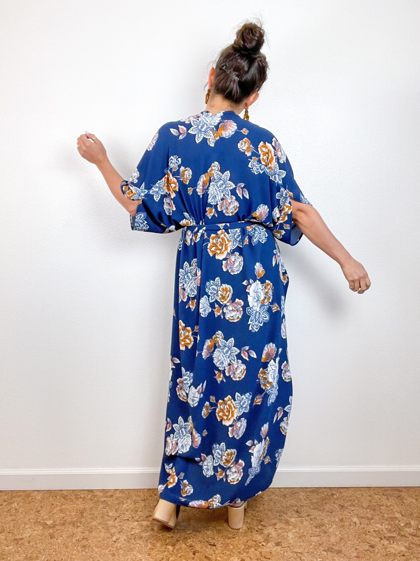 Print High Low Kimono Navy Fall Floral Bubble Crepe