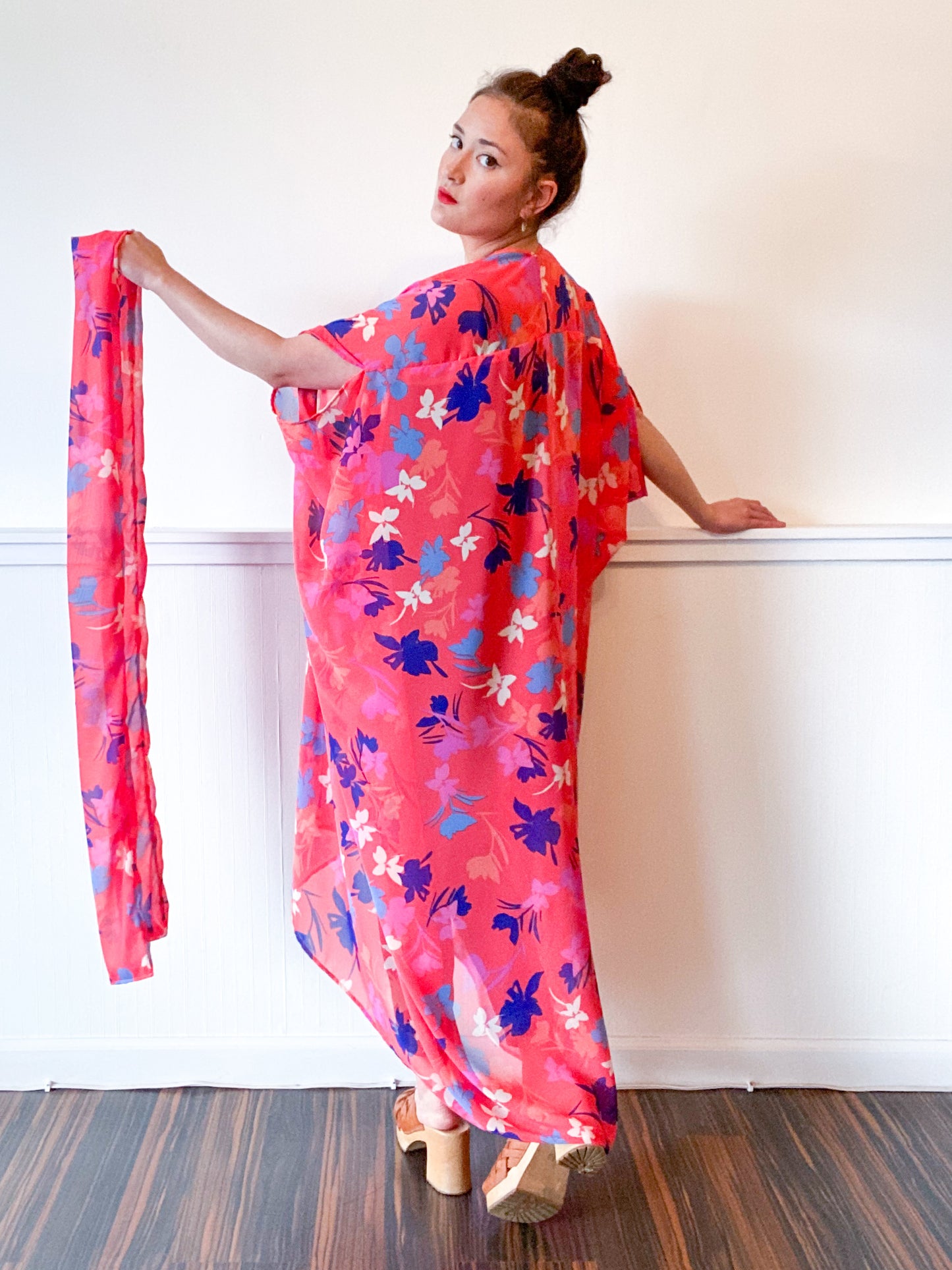 Print High Low Kimono Coral Floral Chiffon