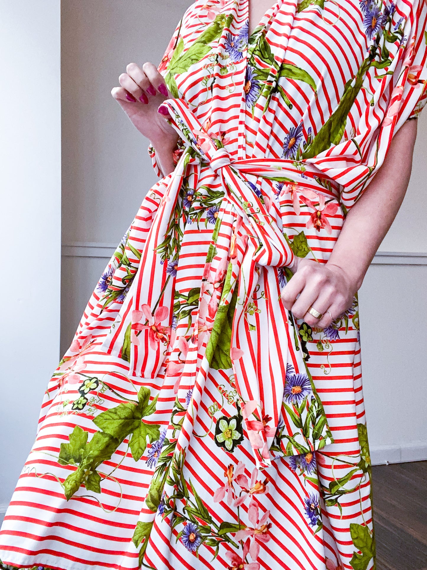 Print High Low Kimono Red Stripe Wildflowers Rayon Challis