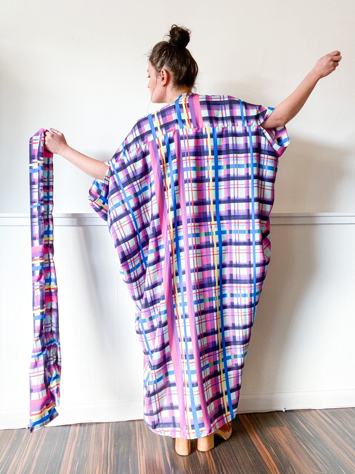 Print High Low Kimono Aqua Lilac Plaid