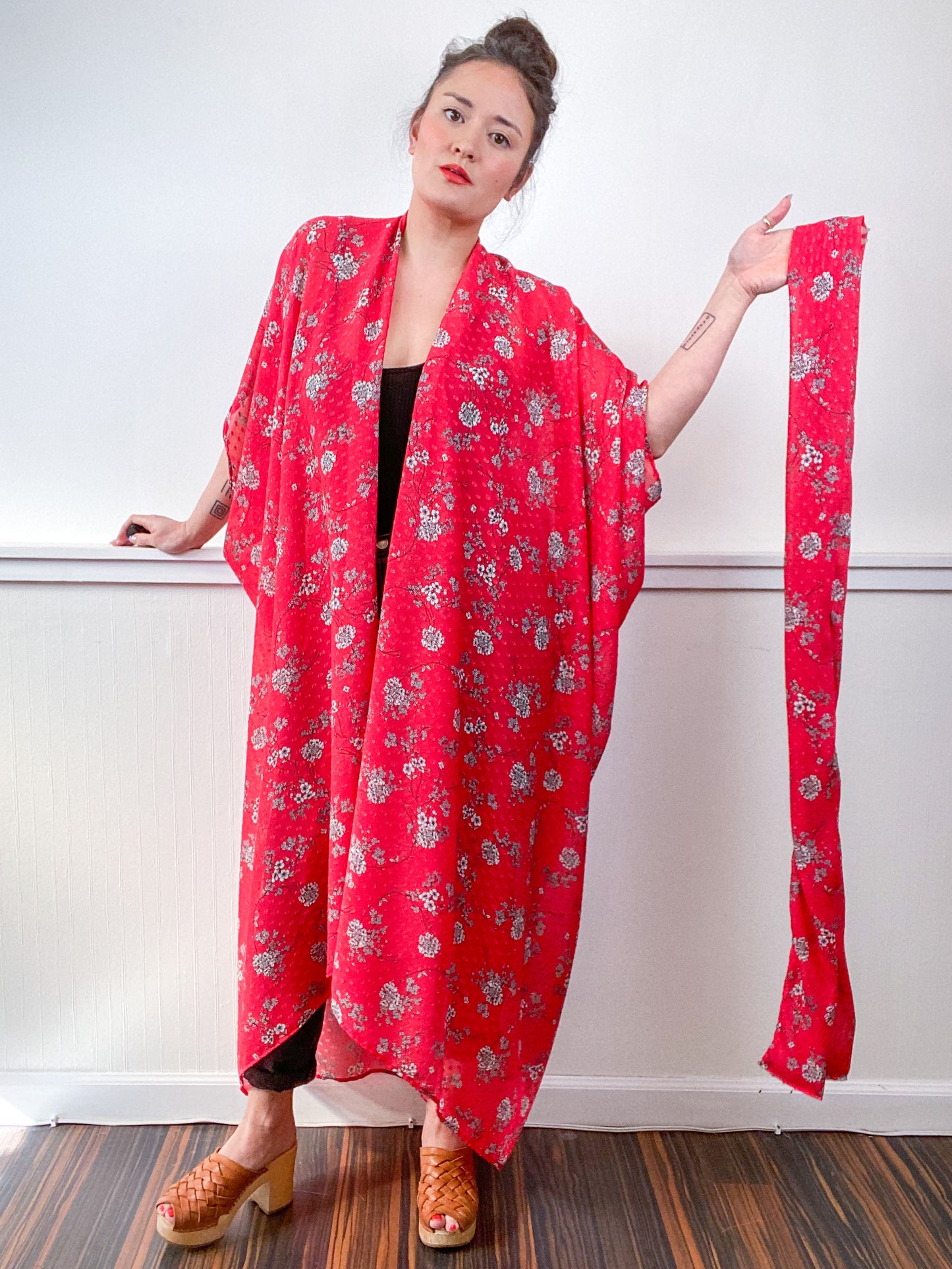 Print High Low Kimono Red Swiss Dot Chiffon